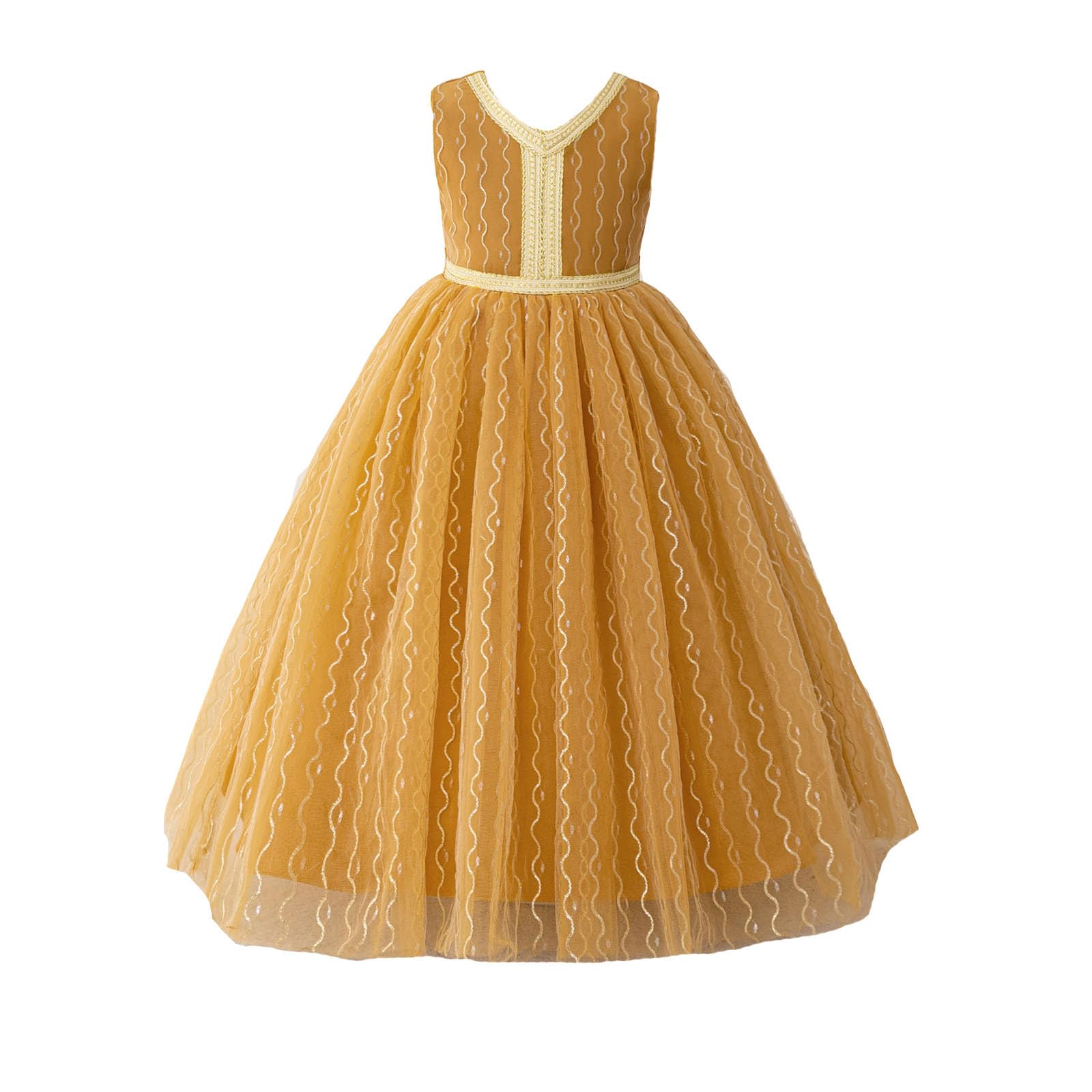 Genérico Vestido de Princesa con Bordado de Hilo Dorado para niñas, Elegante y Brillante para actuaciones Escolares y Fiestas, Falda de Tul Suave y Forro Interior cómodo, Tallas 2-12 años