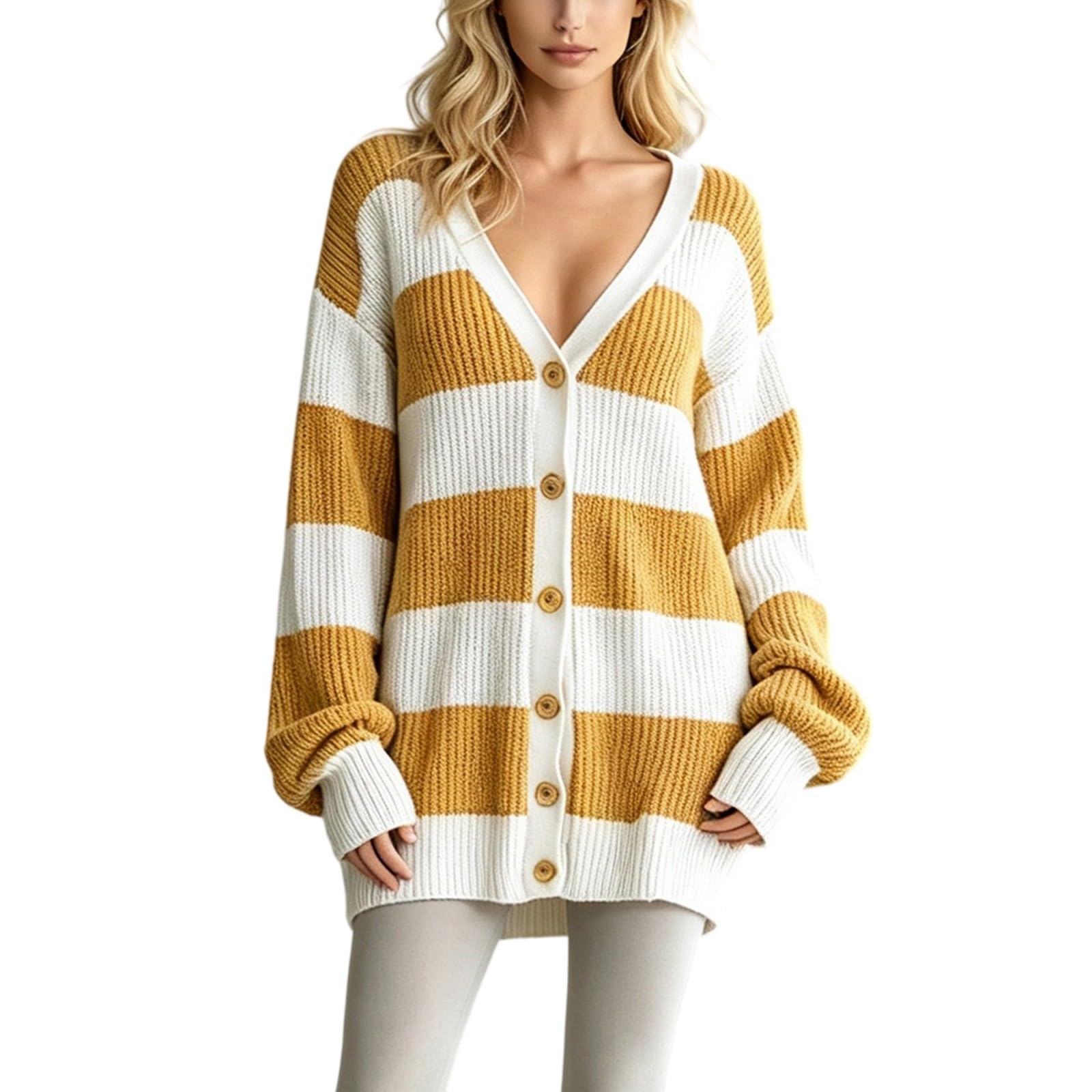 Generisch Cardigan da donna a righe, scollo a V, maniche lunghe