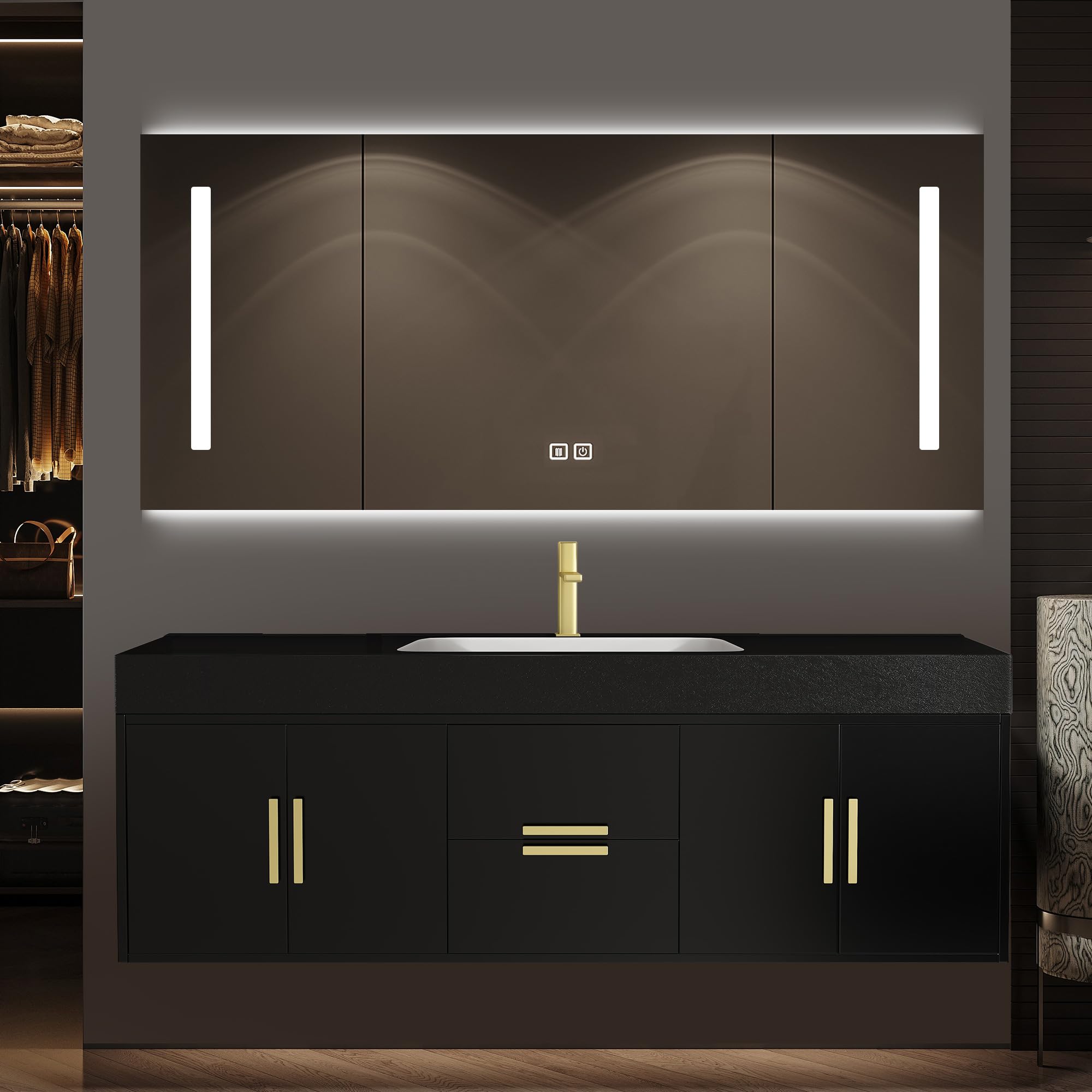 - [Clearance] Black Bathroom Vanity with Single Sink, Vanity Cabinet with Smart Mirror, Floating Vanity with Soft-Close Drawers (32''Single Sink)