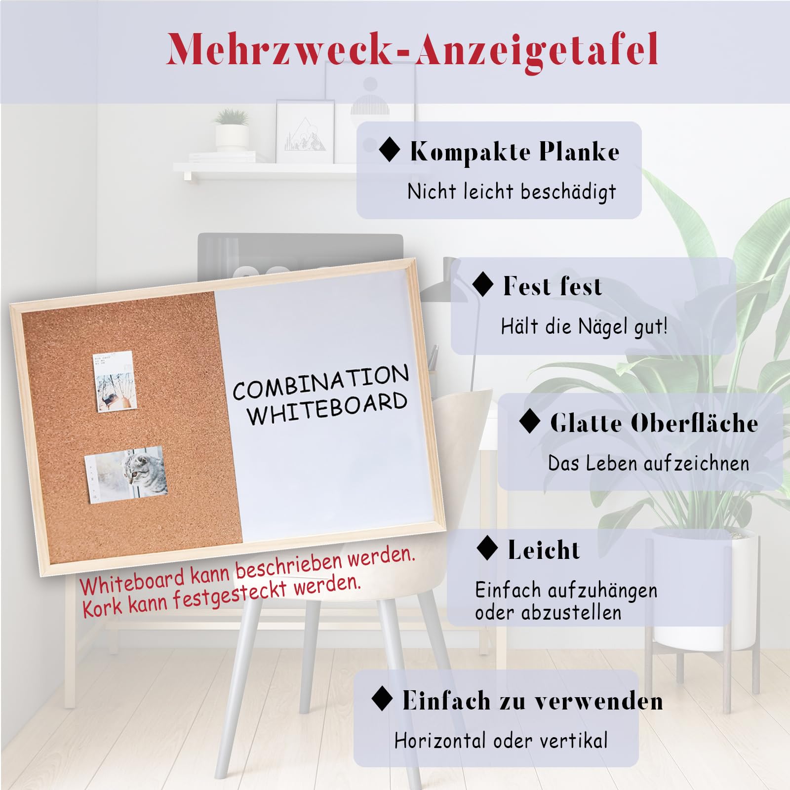 Lavagna magnetica in sughero, lavagna bianca, piccola bacheca lavabile a secco, 40 x 60 cm, lavagna visione, bacheca per pareti, casa, ufficio, dormitorio, obiettivo, lavoro remoto, 1 pezzo