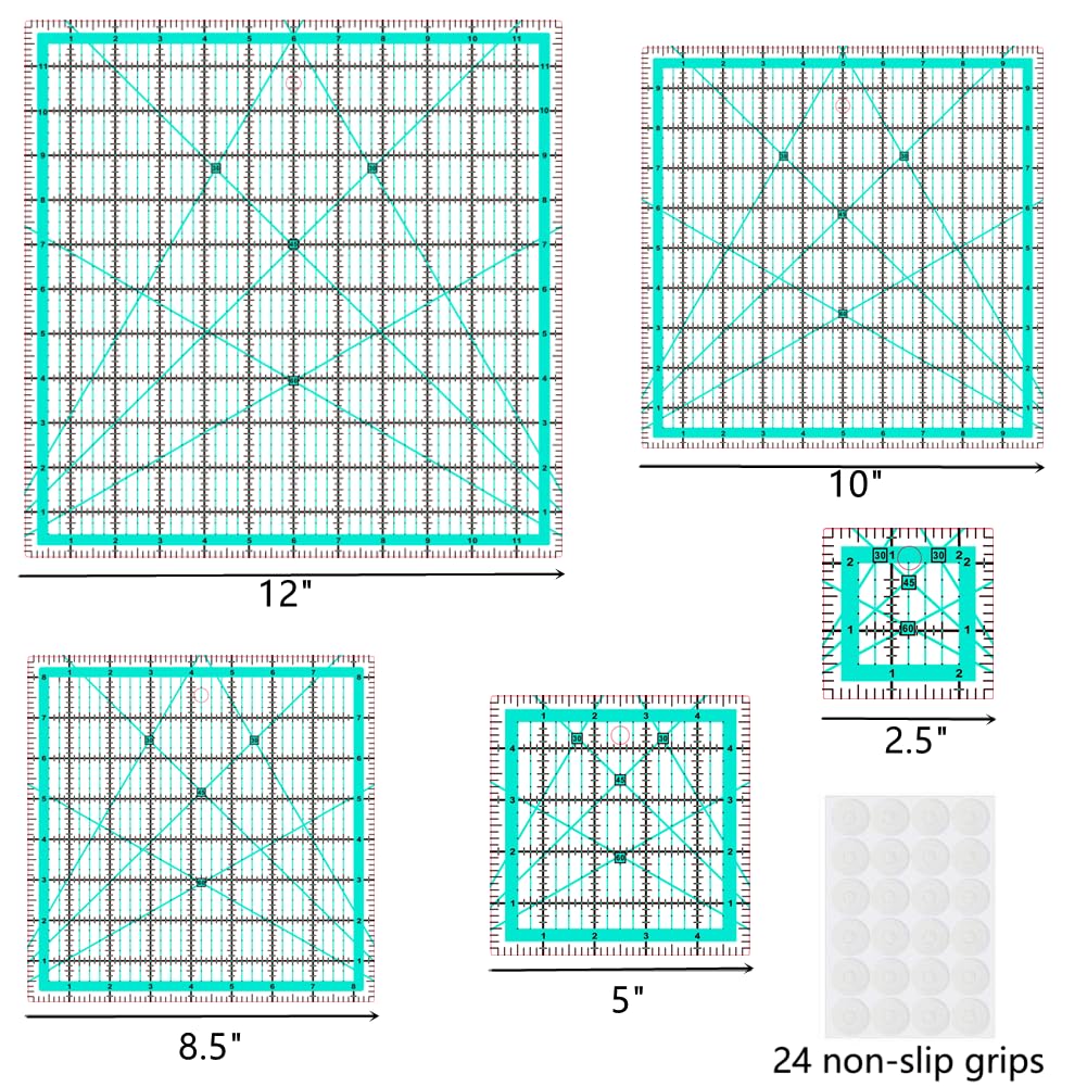 Set Of 5 Acrylic Quilting Ruler Squares - 2.5", 5", 8.5", 10", 12" Templates With Non-Slip Rings