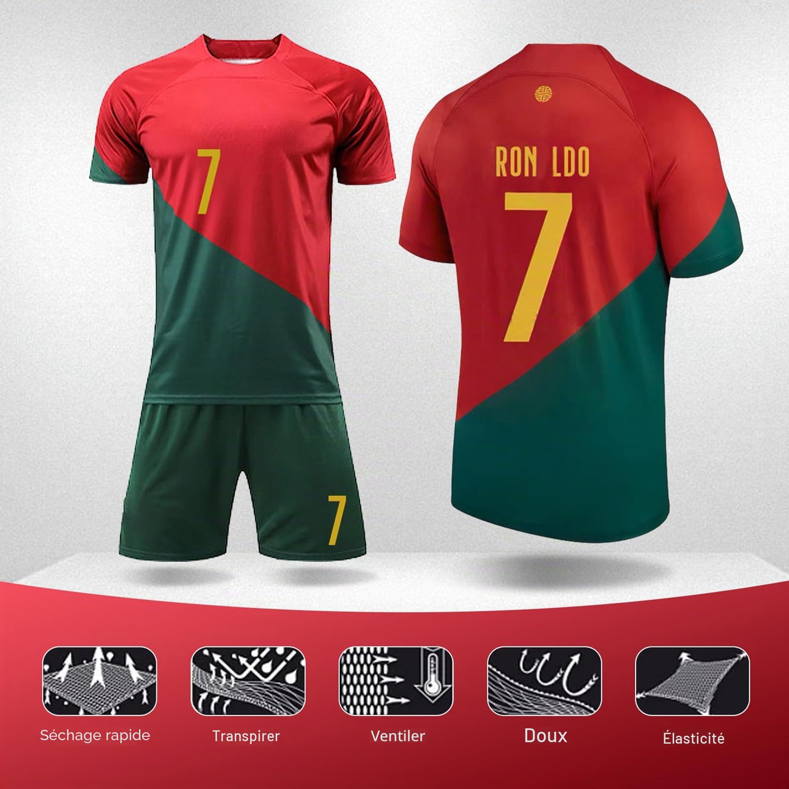 Ronronner Maillot de football pour enfants, maillot de football, à manches courtes, maillot de football en jersey rouge, n° 7, avec chaussettes pour adultes et enfants
