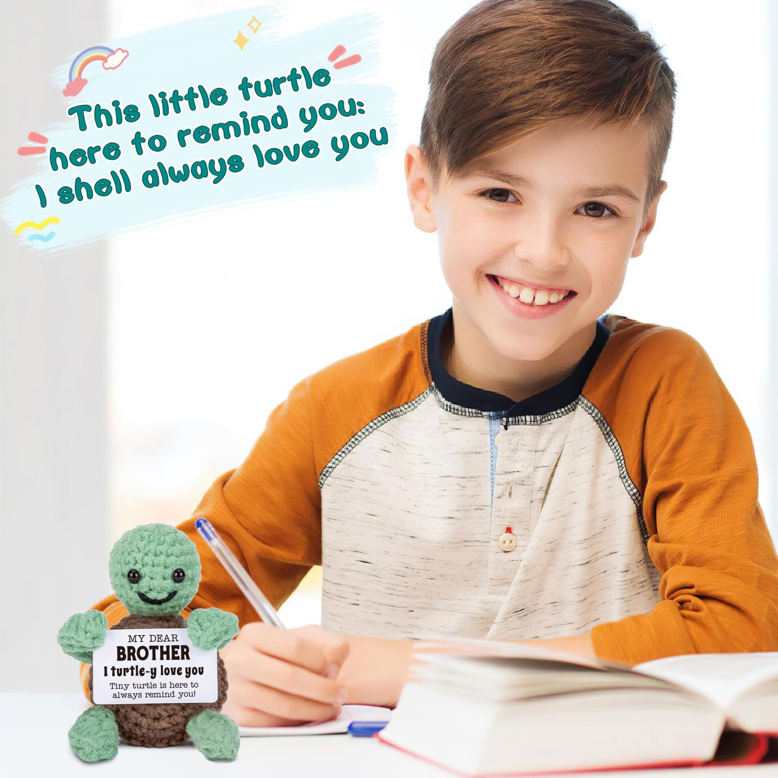 Mini Funny Turtle Brother Gifts from Sister Brother Fathers Day Birthday Gifts for Men Boys Friends Presents, I Love You Small Cool Cute Stuff Things, Handmade Emotional Positive Crochet Turtle