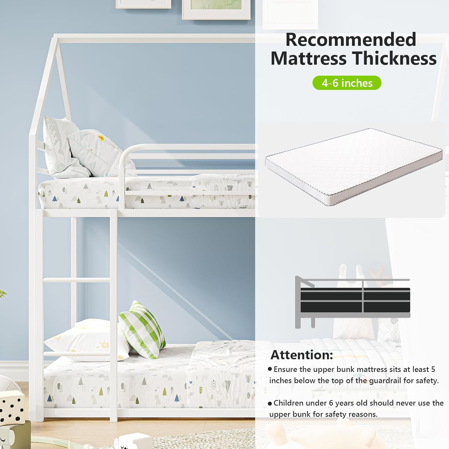 Metal Bunk Bed with Convertible Slide & House Roof Design - Twin-Over-Twin Low Frame | Full Guardrail, Montessori Style (White)