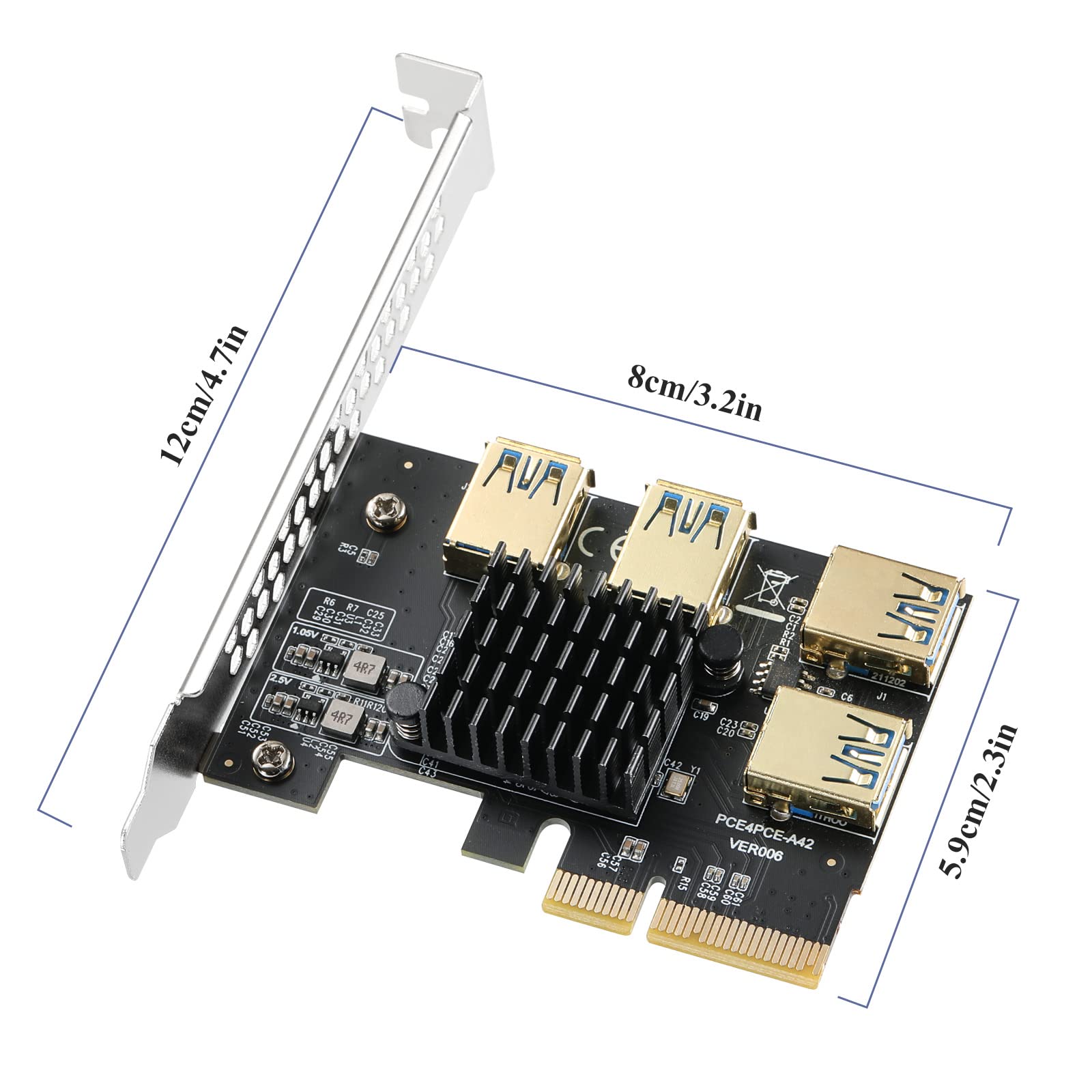 New PCIe 1 to 4 Riser, PCI Express 4X to 16X Splitter Riser Card, PCI-E to External 4 USB 3.0 Converter Adapter w/Large Heatsink, PCIE Multiplier Expansion Board for Ethereum Bitcoin Mining