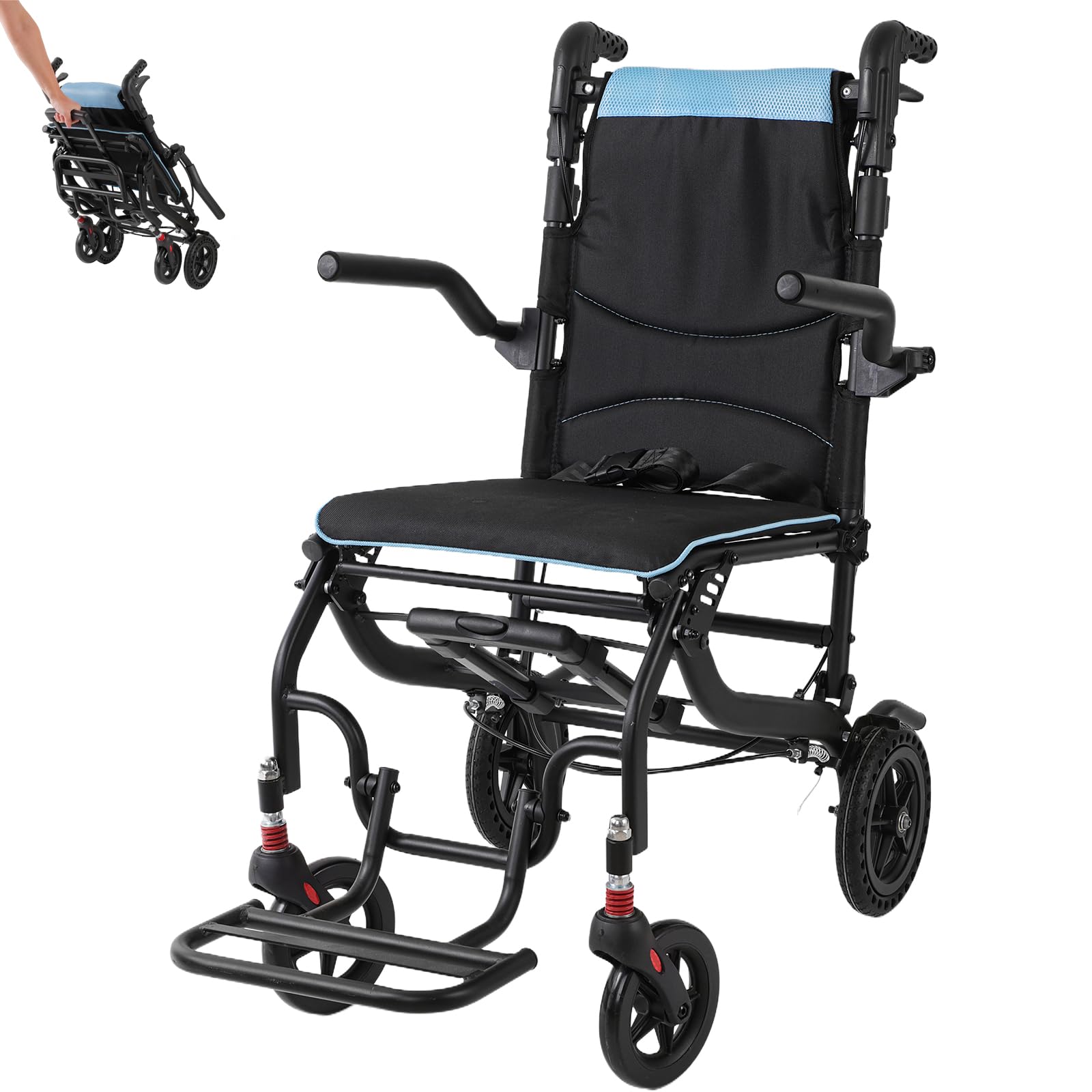 Fauteuil Roulant pliable léger, avec manche télescopique, Hauteur réglable,Poids 11kg, pliable, Holds 100kg, Largeur Max 55cm étroit pour les personnes âgées, Voyage