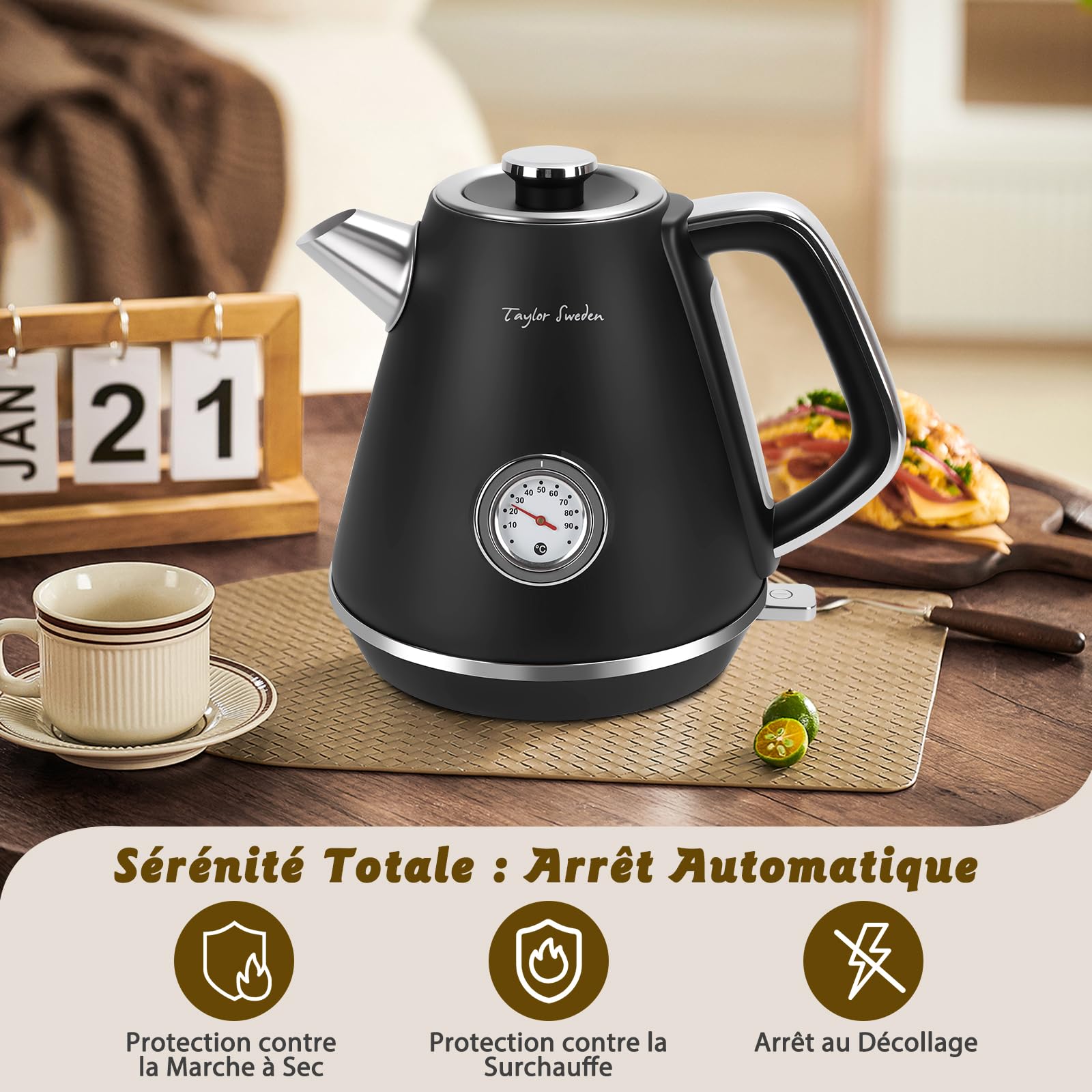 Taylor Swoden Aladin - Bouilloire rétro Vintage themomètre intégré, 2200W, 1,7L. Acier inoxydable, arrêt automatique, cadran de température.