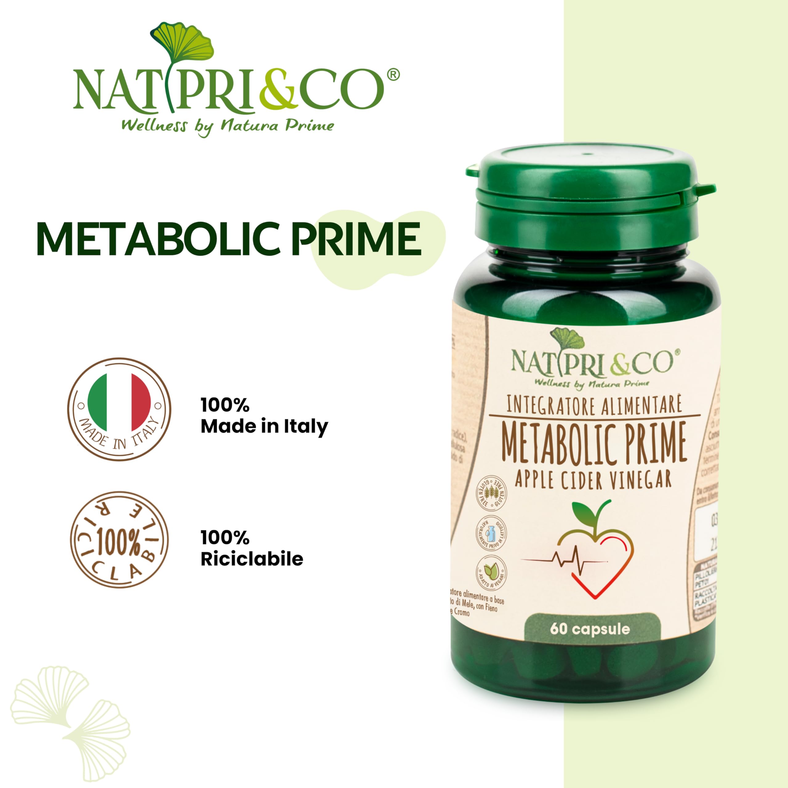 Natura Prime – Metabolic Prime Apple Cider Vinegar Normali Livelli Di Glucosio e Lipidi Nel Sangue – Con Aceto Di Sidro Di Mele, Fieno E Cromo - 60 Capsule – Vegano, Senza Glutine E Senza Lattosio