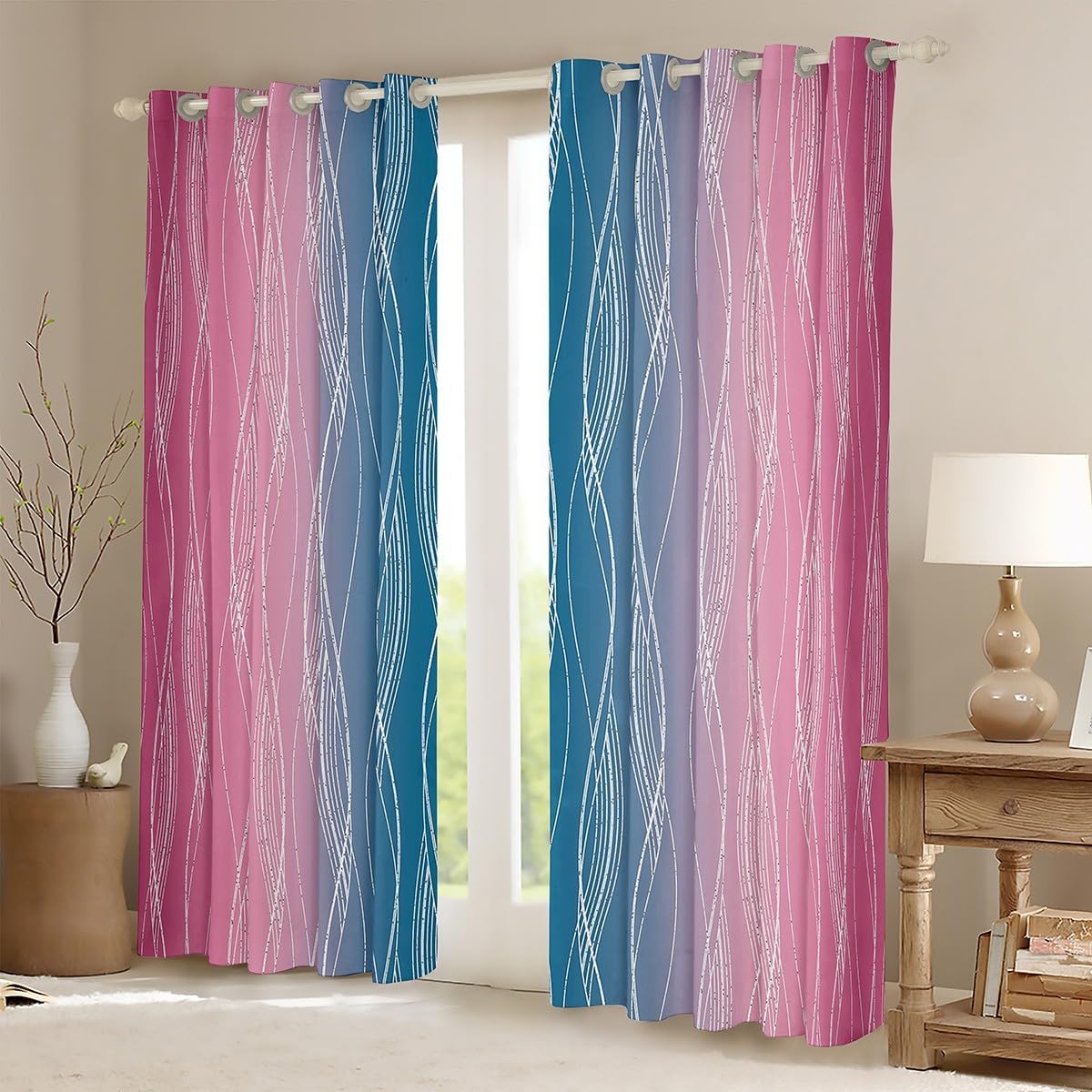 Erosebridal Hot Pink and Blue Girls Blackout Curtains 42" Wx90 L,Abstract Pastel Gradient Curtains Drapes Girly Room Decor Geometric Striped Window Curtains Watercolor Window Treatments 2 Panels