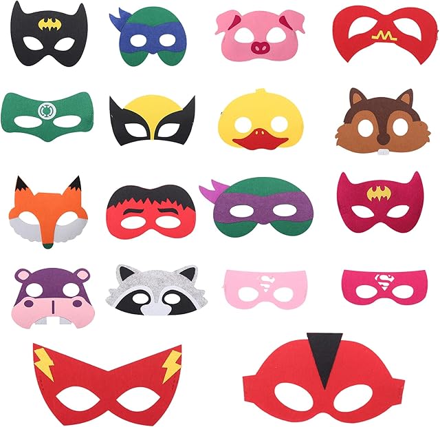 18 Pcs Superhero Masks, Animal Masks Party Bag Fillers for Kids, Children Masks Dress Up Cosplay Superhero Mask, Halloween Felt Masks for Children Party Masquerade Birthdays Xmas Cosplay Party