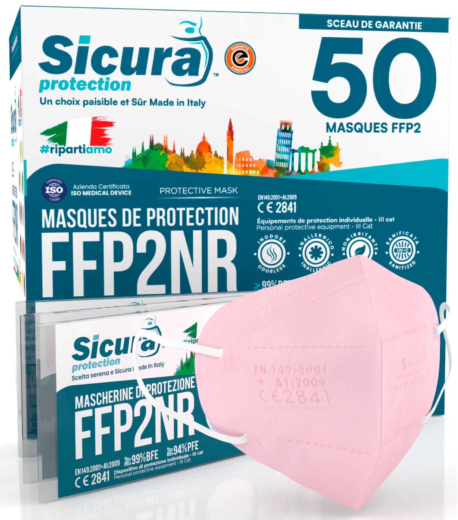 50 masques FFP2 Rose certifié CE Fabriqué en Italie Sicura BFE ≥99% SANITIZÉ et scellé individuellement EN 149:2001+A1:2009