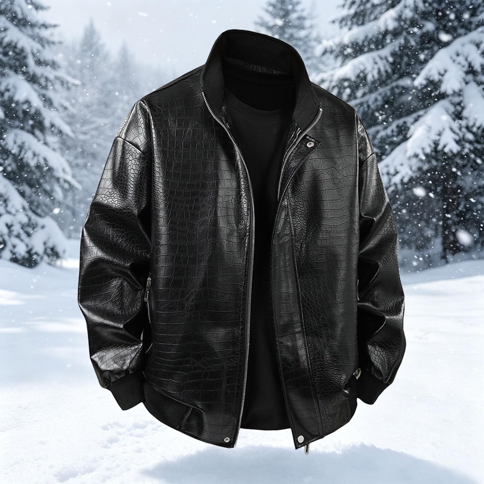 Chaqueta corta de piel para hombre con patrón de reptiles y cuello alto