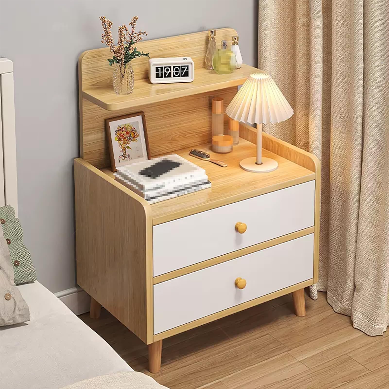 SXZenSpace Wooden Nightstand with Drawer - Stylish Bedside Table & Storage Cabinet for Bedroom Living Room Versatile Bed End Table, 40x34x70cm, Modern Side Desk