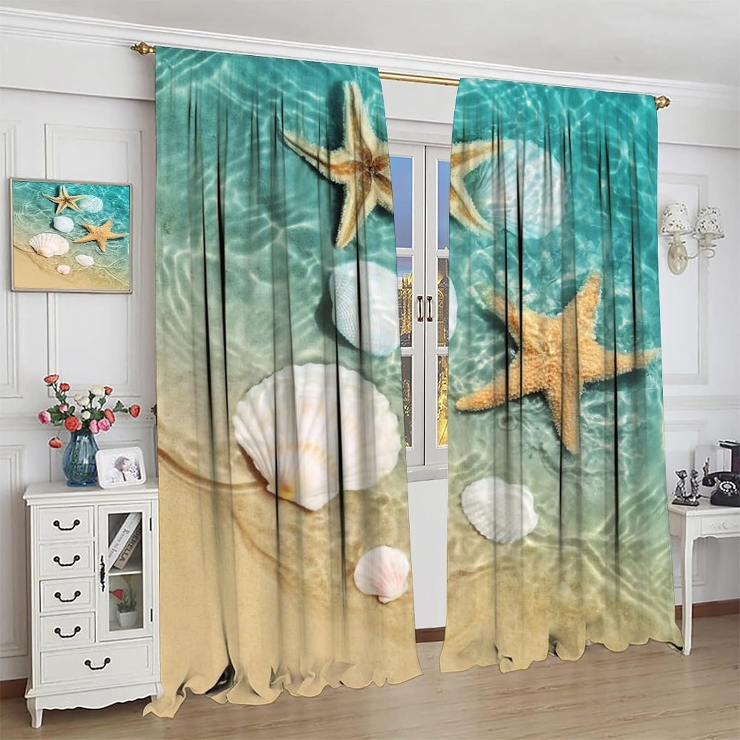 Ocean Theme Curtains, Starfish and Seashells Overflowing in Seawater, Bedroom Living Room Decorative Room Noise Reduction Darkening Window Curtains, 2 Sets of Panels, 42x45 Inch.