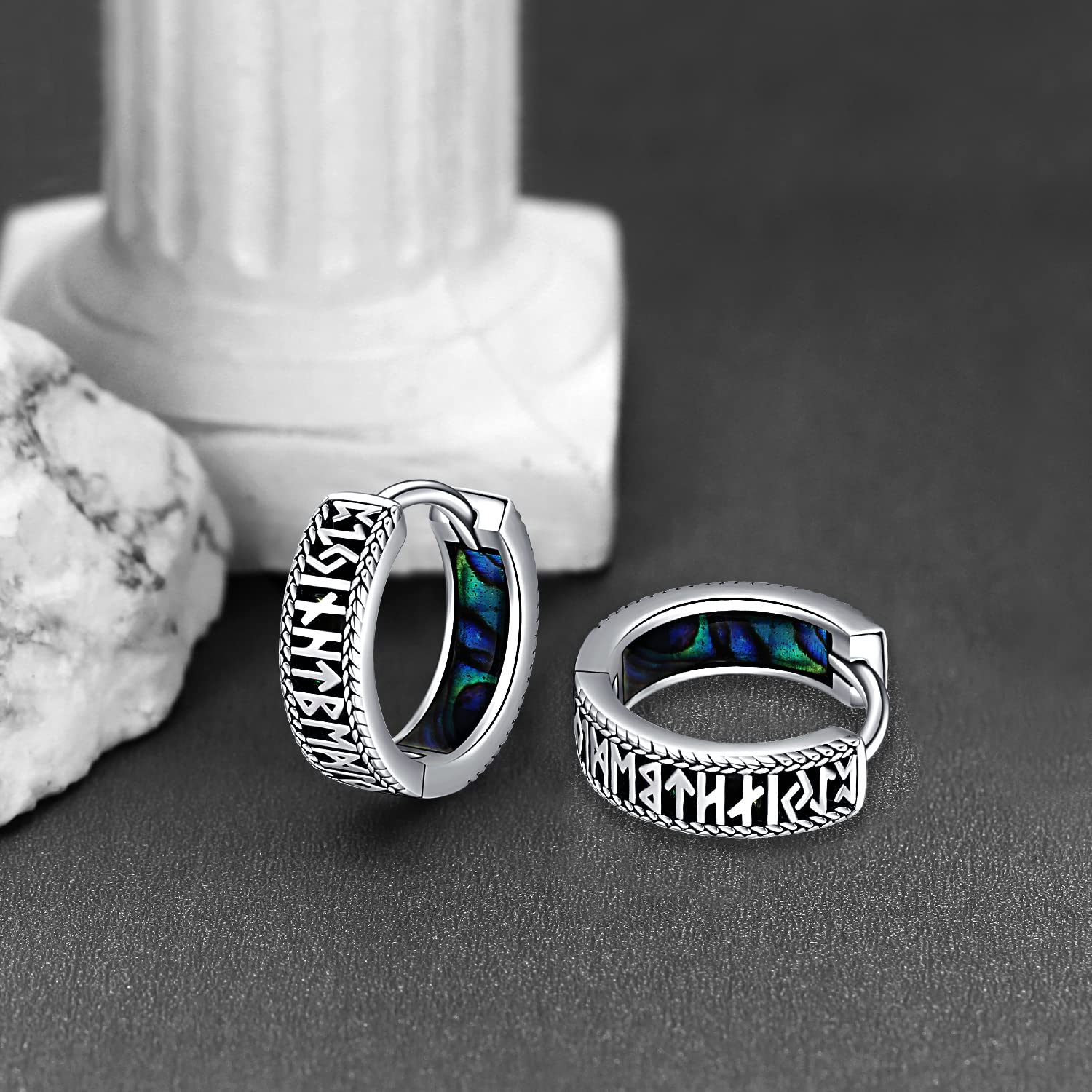 Unisex Sterling Silber 925 Creolen - Viking Rune Ohrringe Klapp Schwarz Klein Ohrschmuck für Frauen, Männer