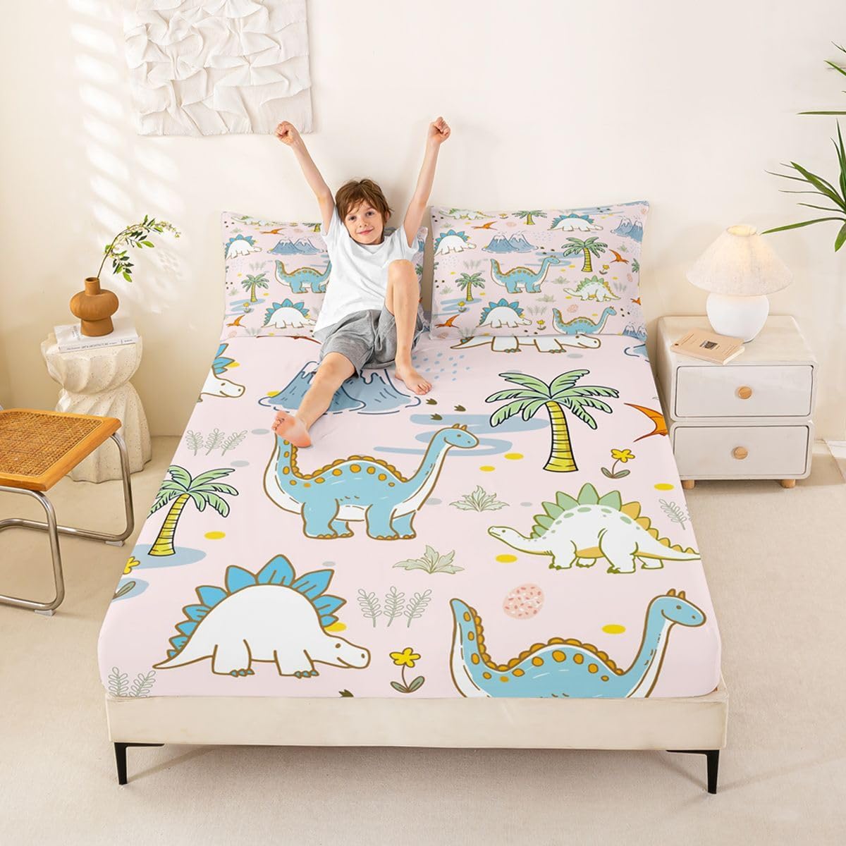 Erosebridal Kids Dino Fitted Sheet Full Watercolor Cloud Jungle Trees Bed Sheets for Kids Teens Cute Dinosaurs Animal Bedding Set Pink Sheets