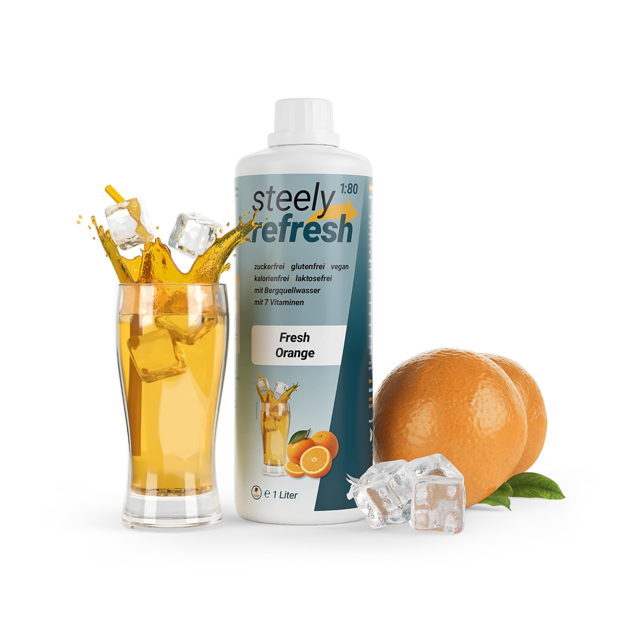 STEELY SPORTS SteelyRefresh | Geschmack: Fresh-Orange | Zuckerfreier Sirup mit Vitaminen | 1 Liter Konzentrat für 80 Liter Fertiggetränk | Ideales Sportgetränk & Wassersprudler-Sirup