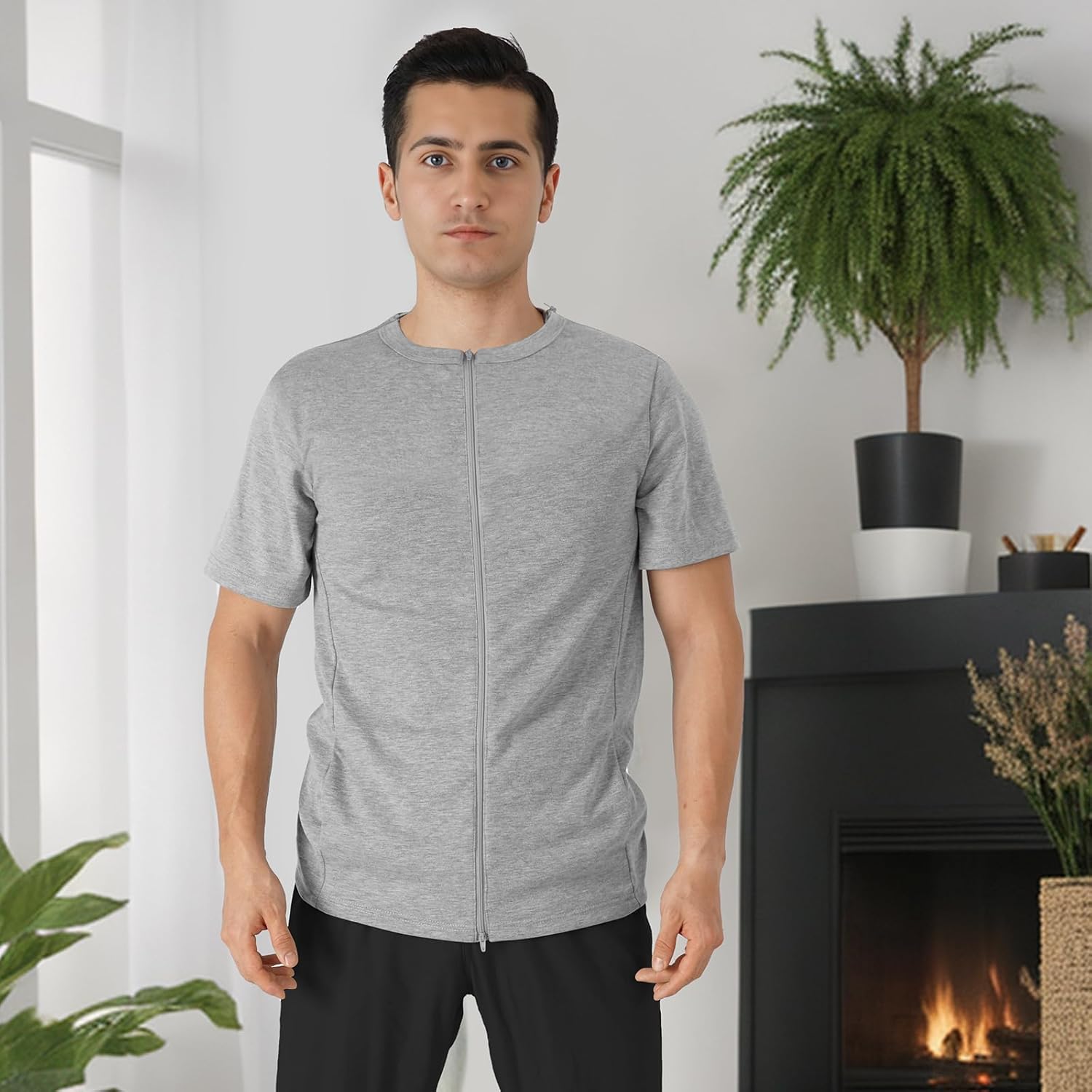 Men's Shoulder Surgery Shirt with One-Hand Zip for Chemo Port Access & Rotator Cuff Recovery & Puppy Flap Short Sleeve