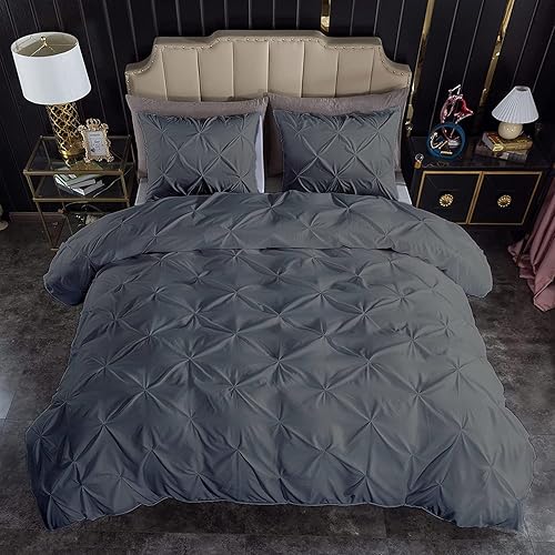 Miniatura 2 de Juego de funda de edredón plisada de 3 piezas de alta calidad con cierre de cremallera y lazos en las esquinas, conteo sólido de 1000 hilos, fundas