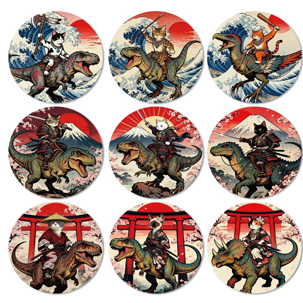 ANATTASOUL Wood Coasters Set of 9 for Drinks Japanese Style Cat and Dinosaur Colorful Wooden Cup Mat for Coffee Table Decor, 3.9" Non-Slip Desk Coasters for Home, Apartment, Office, Bar, Gifts