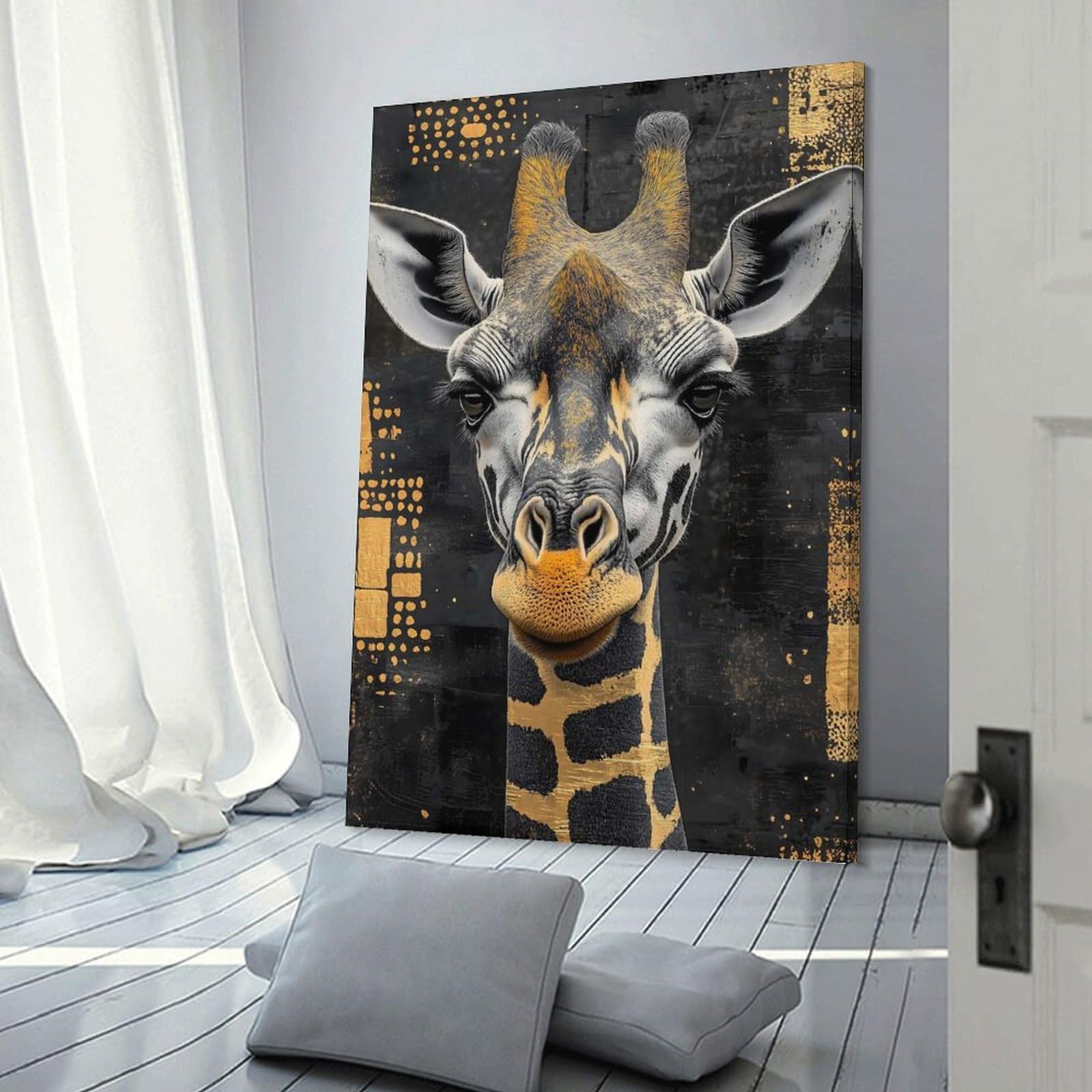 Junmoney Wall Picture Print Giraffe Portrait in Gold Animal, 24x36inch(60x90cm), for Living Room, Bedroom Or Home Office, Home Decor Gift with Stylish Appeal