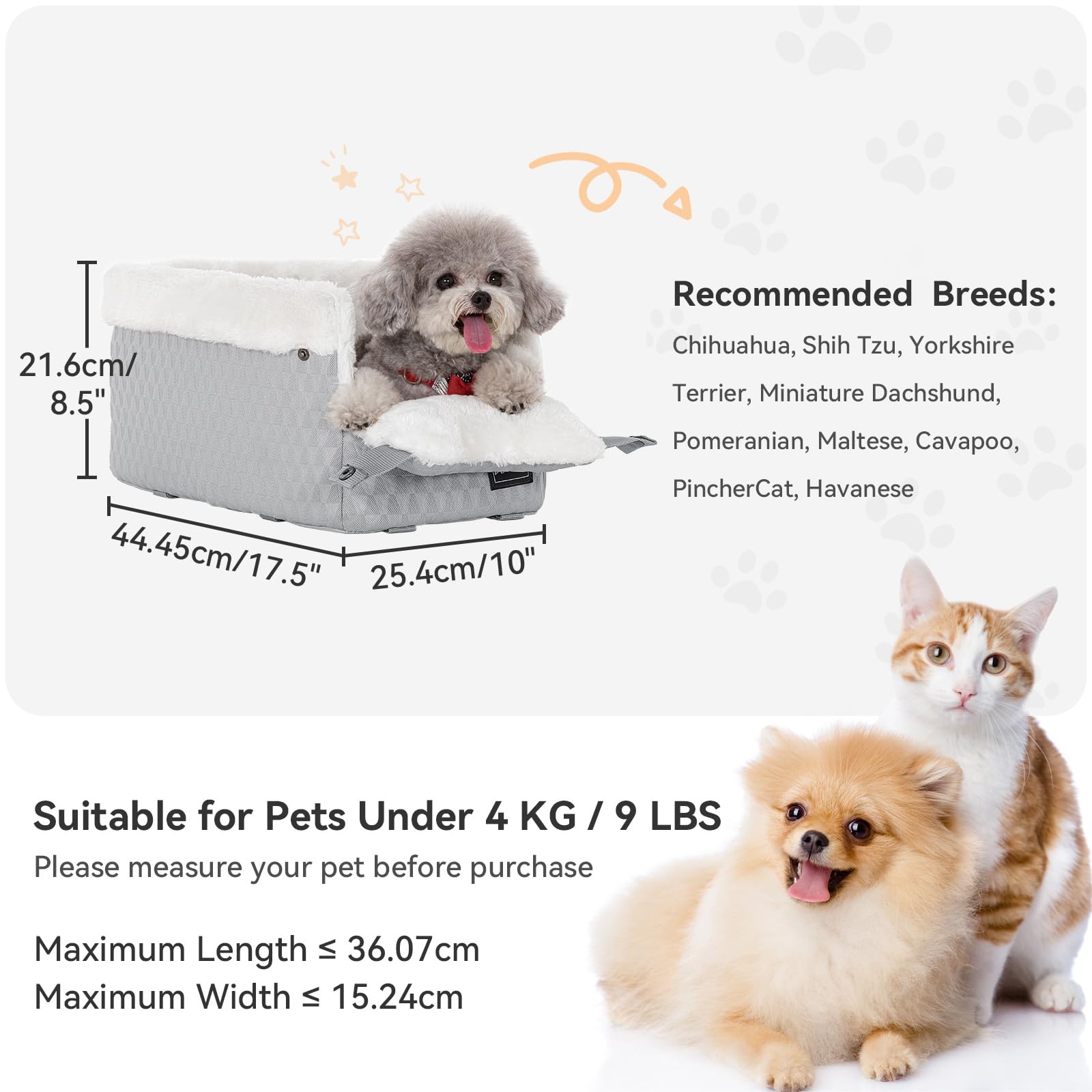 PETSFIT Fotelik samochodowy dla psa na konsolę – bezpieczne haczyki bezpieczeństwa, ulepszona uwięź i poduszka do 6 kg do zdejmowania i mycia