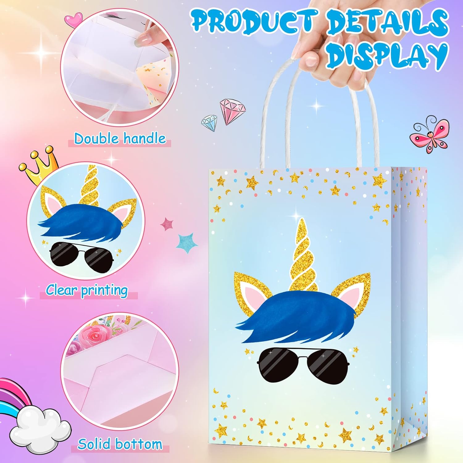 Sherr 30 Pcs Unicorn Party Favor Bags with Handles Tissue 8.3 Inches Paper Candy Treat Goodie Gift Unicorn Party Supplies for Kids Girls Boys Gender Reveal Baby Shower Birthday Decorations - Image 5
