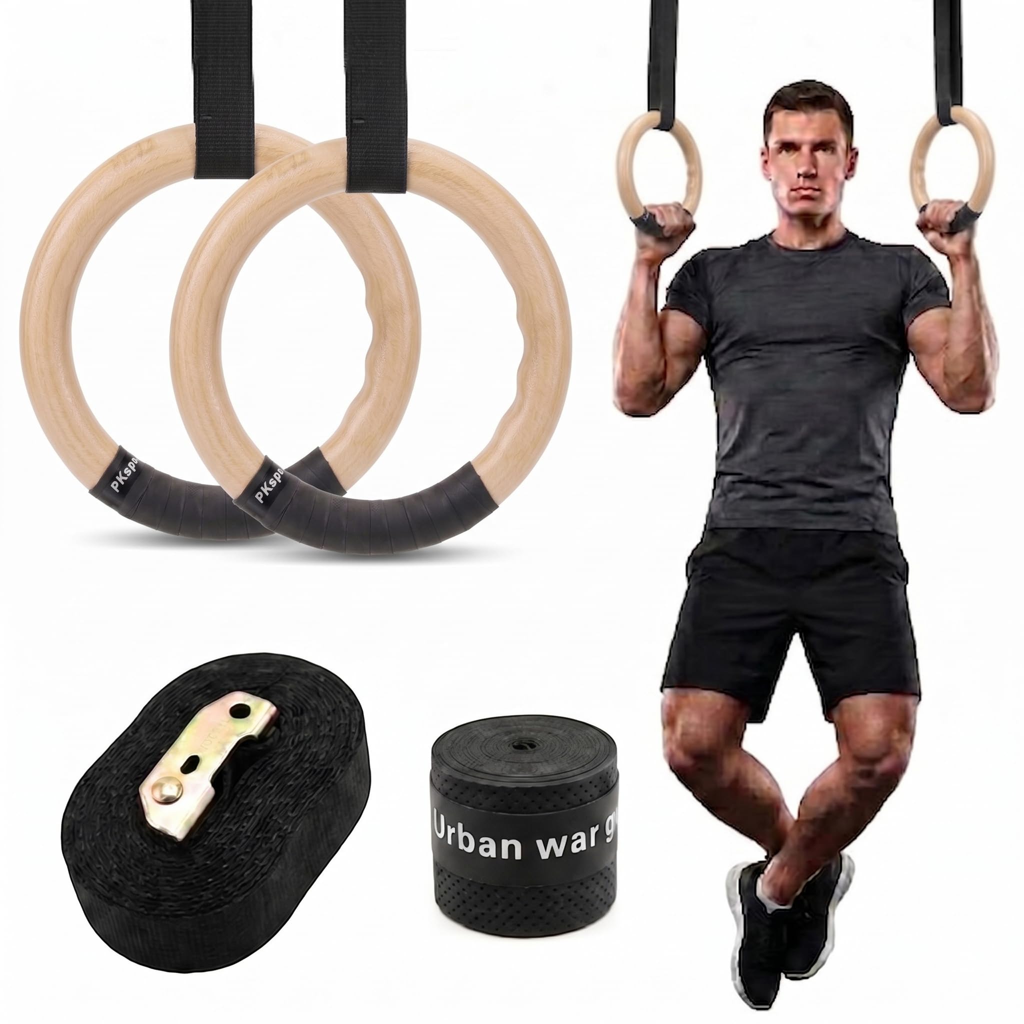 Gymnastic ABS Rings with Heavy Duty Adjustable Strap Capacity with 14.5ft Adjustable Buckle Straps for Cross Fitness Functional Training for Home Gym Full Body Workout-image-8
