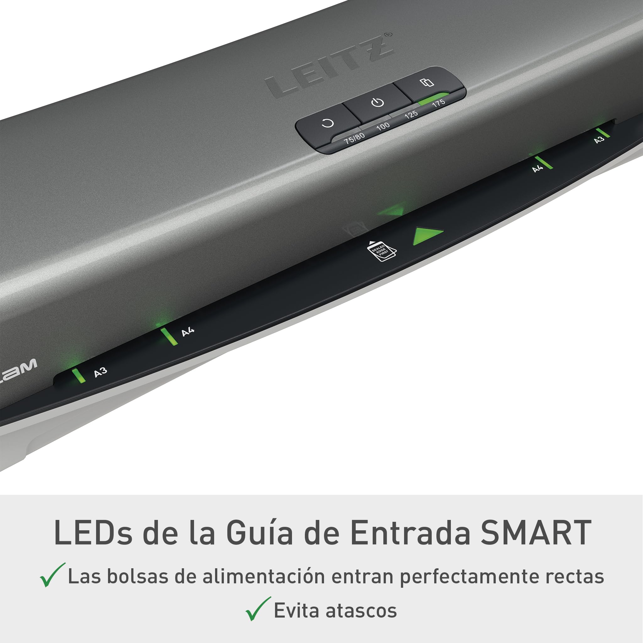 Leitz 75180084 -Plastificadora iLAM Office Pro A3, Calentamiento Ultra Rápido 1 Minuto, 75-125 Micras, Indicador LED Inteligente, Apagado Automático, Incluye 5 Fundas A4 para Plastificar, Gris/Blanco