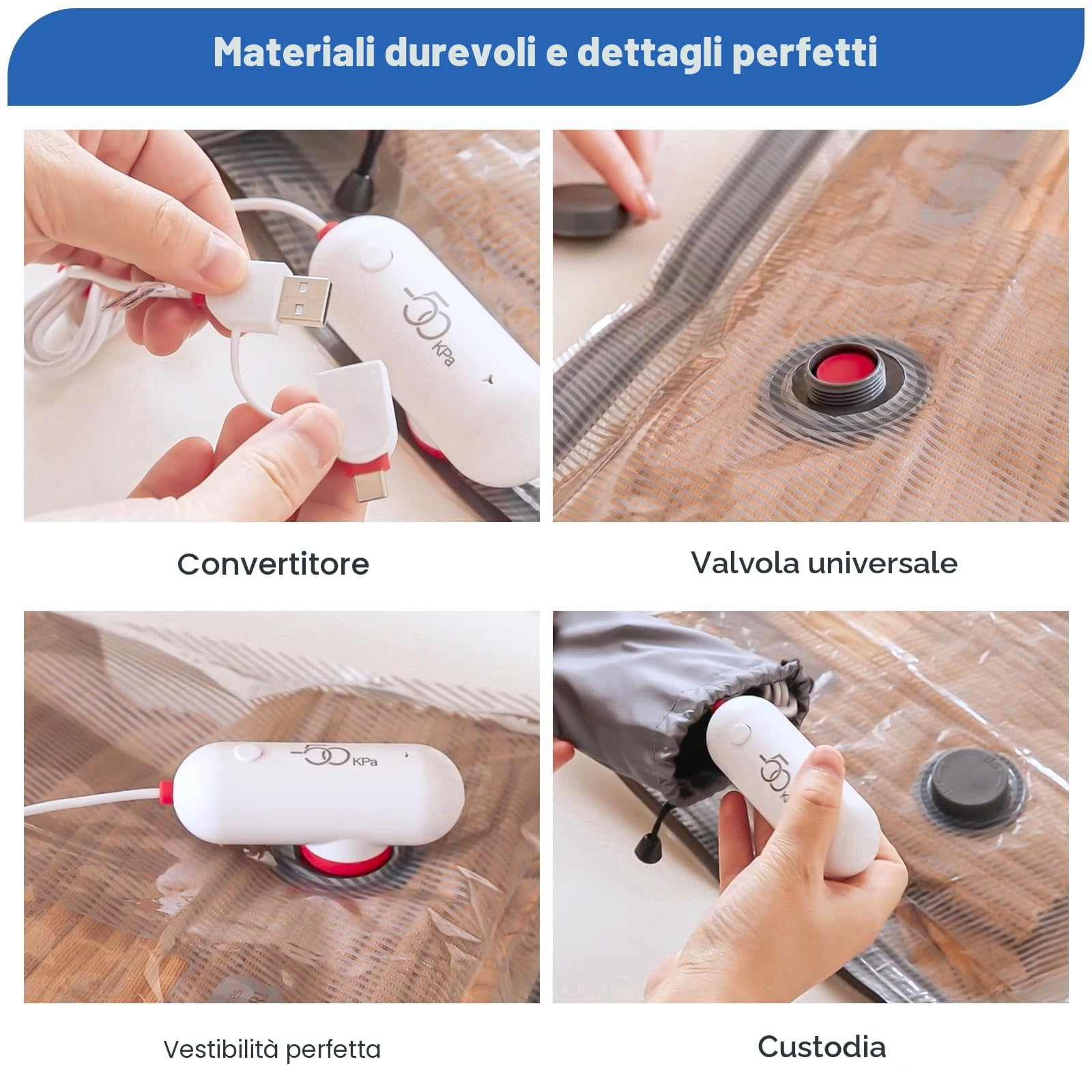 Sacchetti Sottovuoto Vestiti con Pompa USB, 6 Pezzi di Buste Sottovuoto Vestiti (2X 40*40cm, 2X 40*50cm, 2X 40*60cm), Sacchetti Sottovuoto Viaggio Riutilizzabili - Essenziali per Viaggio Salvaspazio