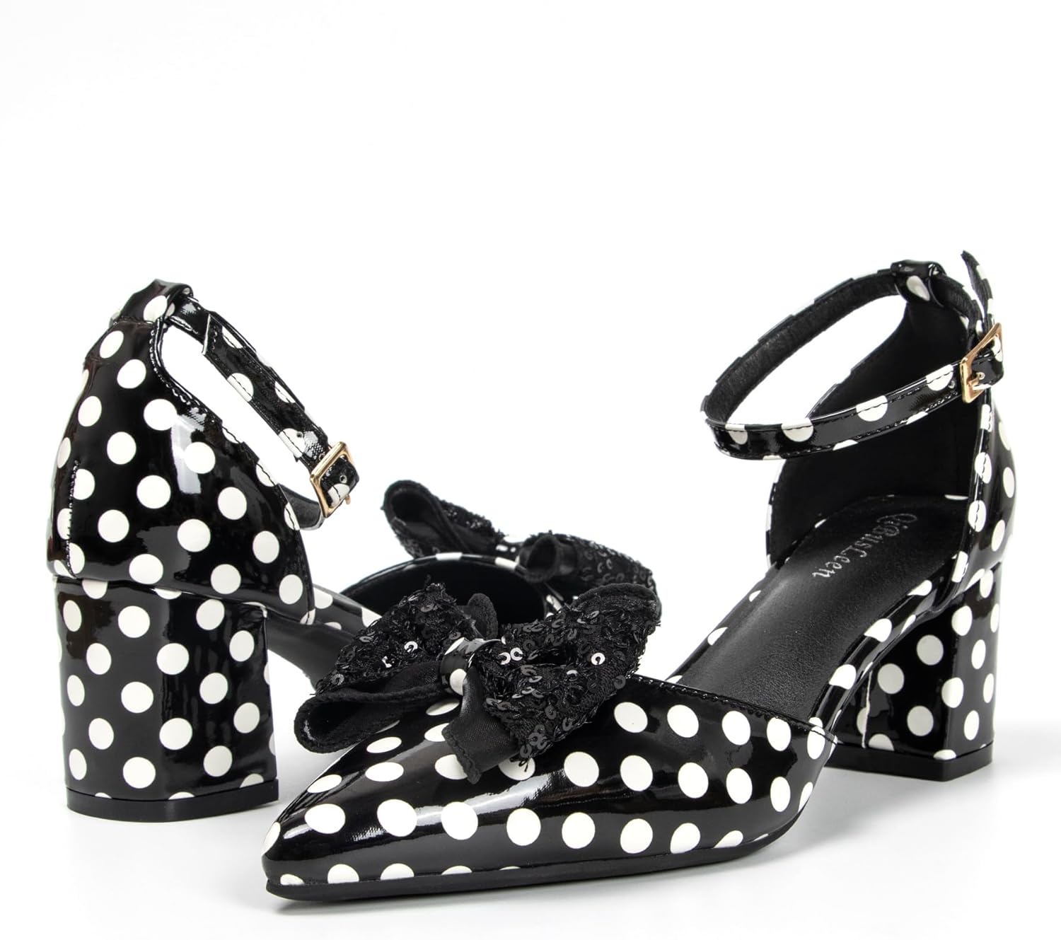 Womens Closed Toe Bow Heels with Noiseless Sole Comfort Pointy Ankle Strap Pumps for Women 2.3 Inch Low Chunky Block Heel Polka Dot Black Dressy Pump Shoes