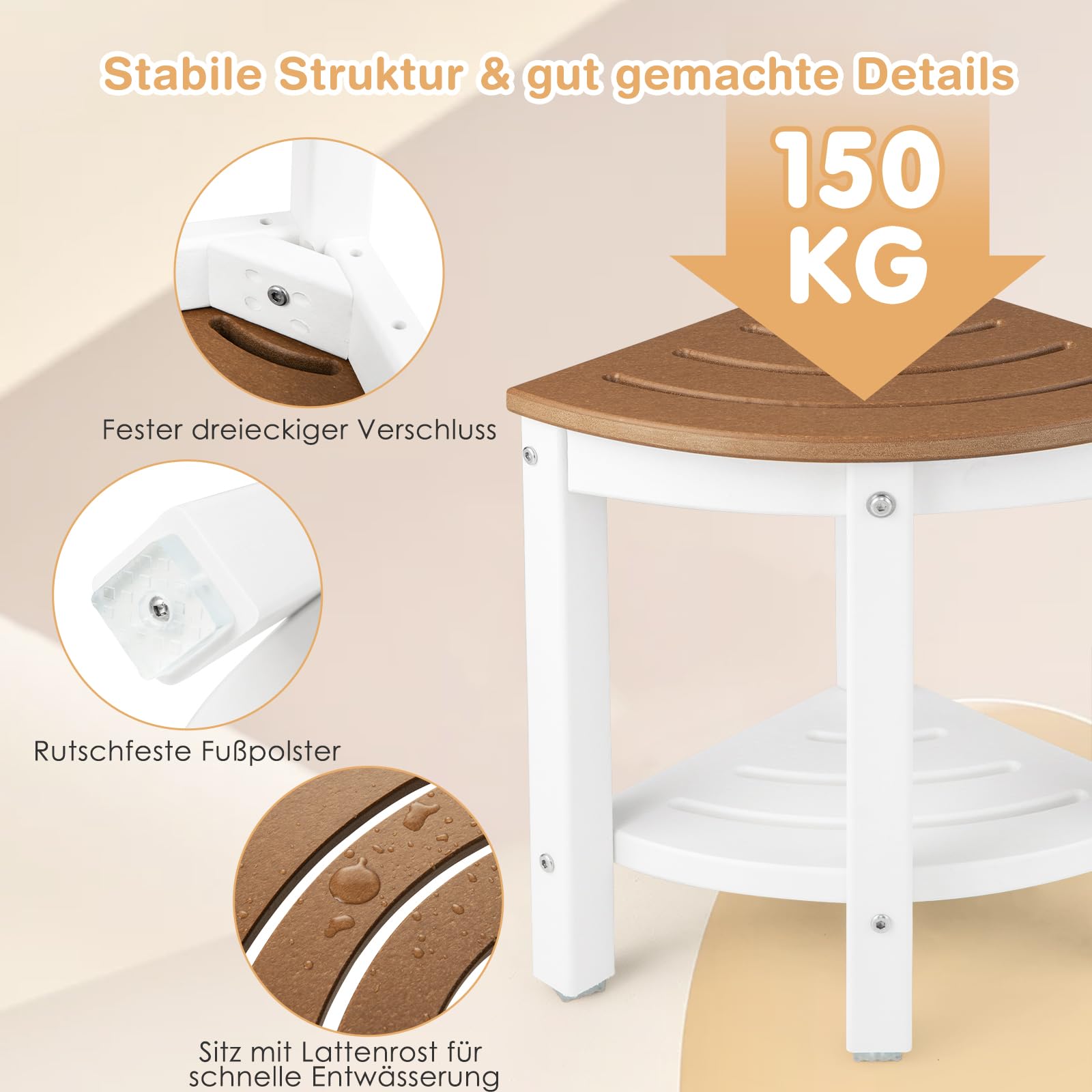RELAX4LIFE Eck-Duschbank, HDPE-Duschhocker mit Ablage, Badezimmer-Fußstütze für Kleine Räume, Wasserdichter Duschhocker bis 150kg Belastbar, 2-stufiger Organizer für Innendusche, Braun+Weiß