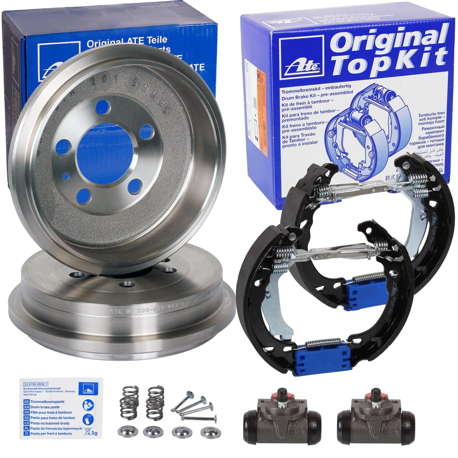 2x ATE Bremstrommel + Topkit Bremsbackensatz Vormontiert | 2x 24.0220-3027.1 + 03.0520-6522.3 Kompatibel mit Cabrio (450),City-Coupe (450),Crossblade (450),Fortwo Cabrio (450),Fortwo C