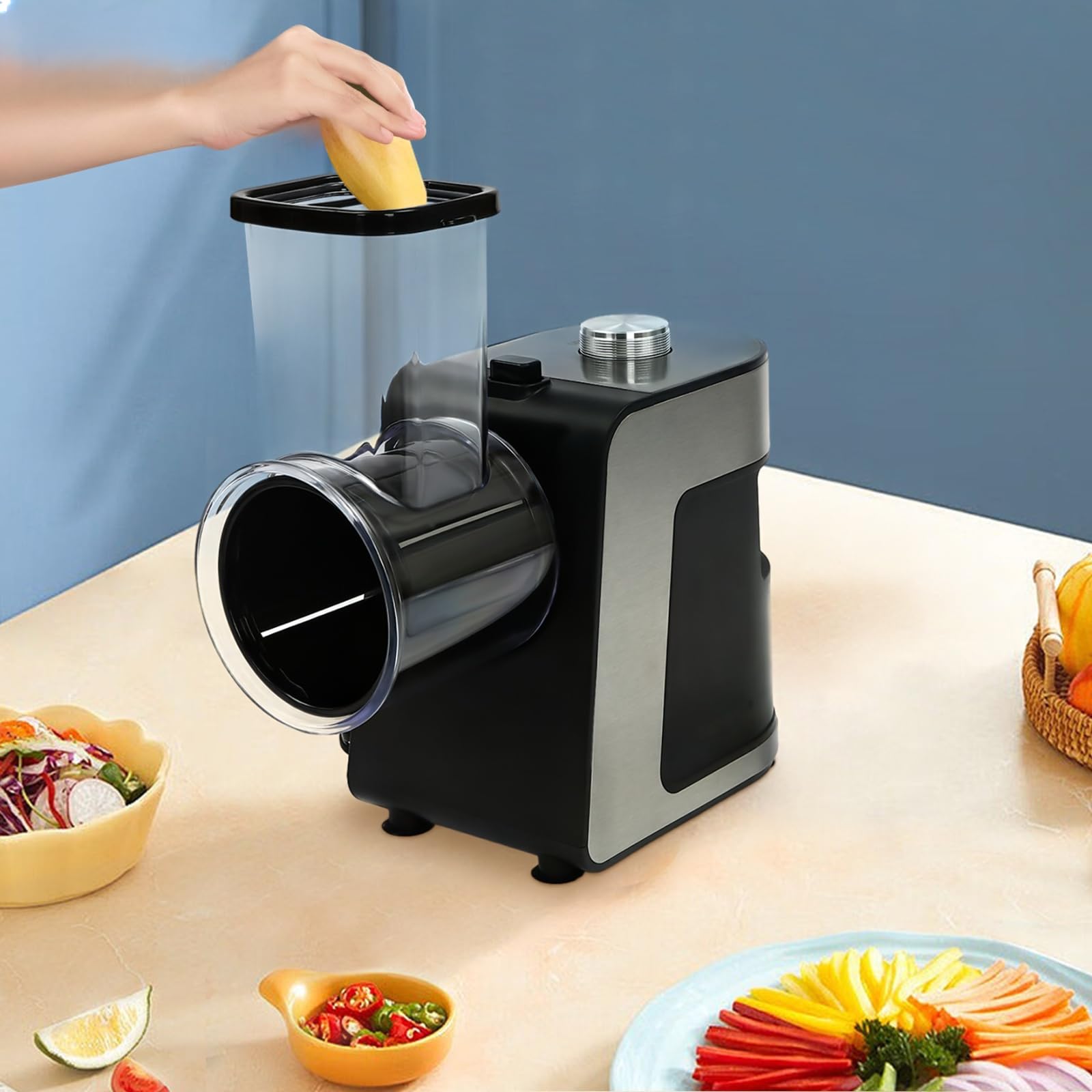 Râpe à Légumes Électrique 1000W, Coupe-légumes Professionnel avec 10 Lames, pour Râper Pommes de Terre, Radis, Concombre, Oignon dans Cuisine, Restaurant