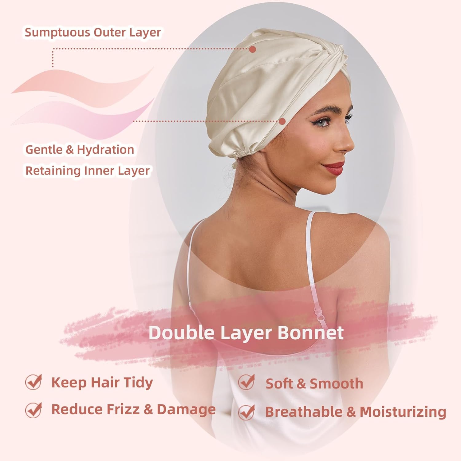 Adjustable Silk Satin Hair Bonnet for Sleeping Women, Double Layer, Silk Hair Wrap for Sleeping Women Men, Curly Natural Braid Straight Unisex - Champagne - Image 3