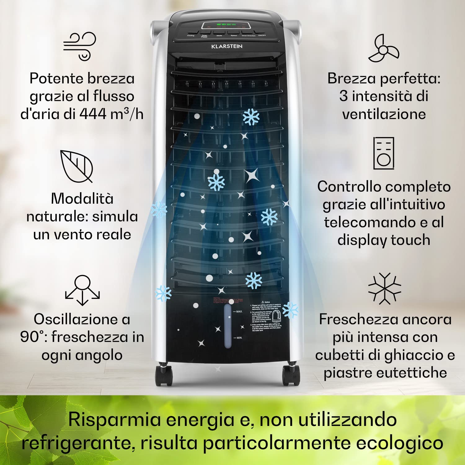 Klarstein Condizionatore Portatile 65W, 4in1, Climatizzatore Portatile, Raffrescatore Aria ad Acqua, Ventilatore, Deumidificatore, Silenzioso con Night Mode, 444m³/h, Serbatoio da 6L, Nero Lucido