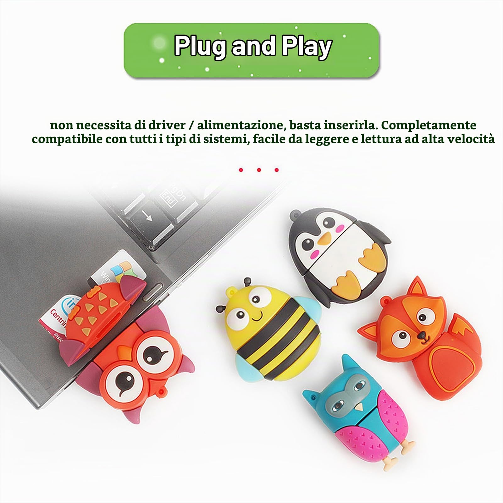 32GB Chiavetta USB Confezione Pen Drive Scheda di Memoria con Grafica Animale Carino Chiavetta di memoria esterna Adatto per bambini amici studenti regali di laurea souvenir(5 * 32GB,Animale)