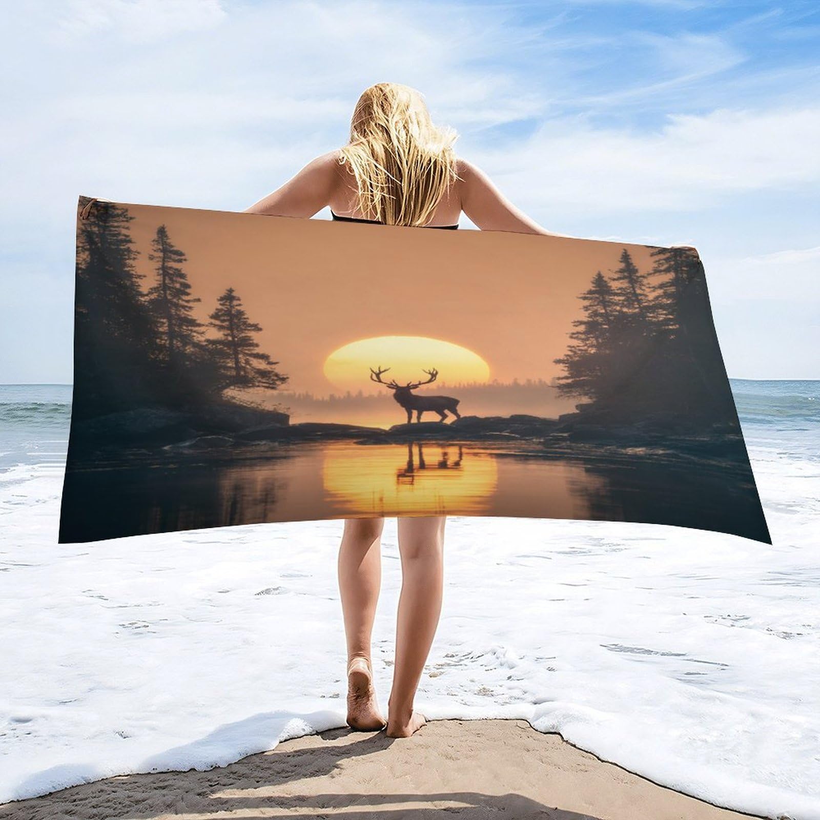LUYYSKY Realistic Aesthetic Wildlife Elk Quick-Drying Beach Towel, Classic Natural Sunset Mountain Hunting Theme Animal Deer Travel Vacation Single Sided Pile Bathroom Towels-80 W cm x 160" L cm