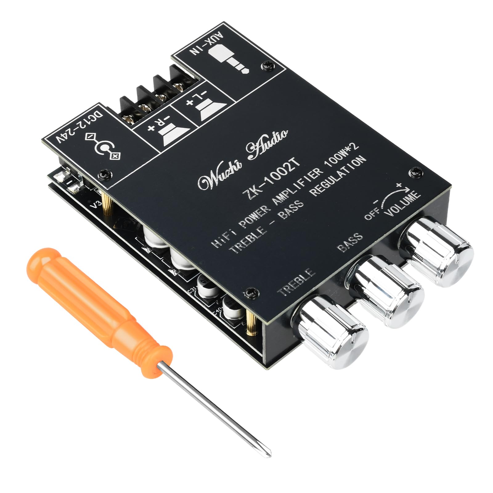 zk-1002t bluetooth amplifier board, 2.0 channel stereo amp module with treble and bass, 100w+100w 5.0 amplifier board, dc 12-24v, bt usb and aux inputs for diy speakers wireless