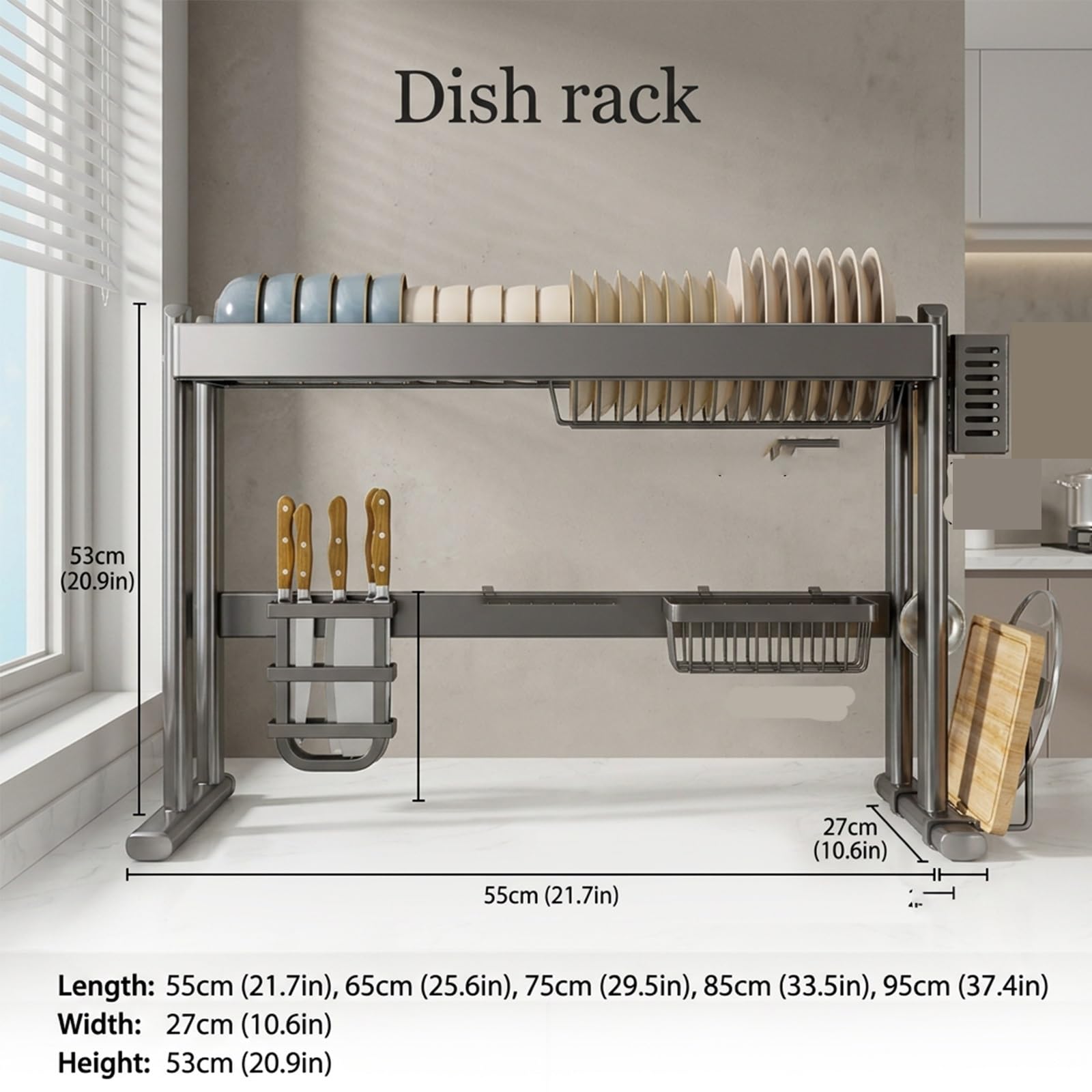 Escurridor de platos para fregadero, Organizador de cocina ajustable | Acero al carbono reforzado, Altura ajustable, Diseño antigoteo, Accesorios completos(95cm/37.4in)