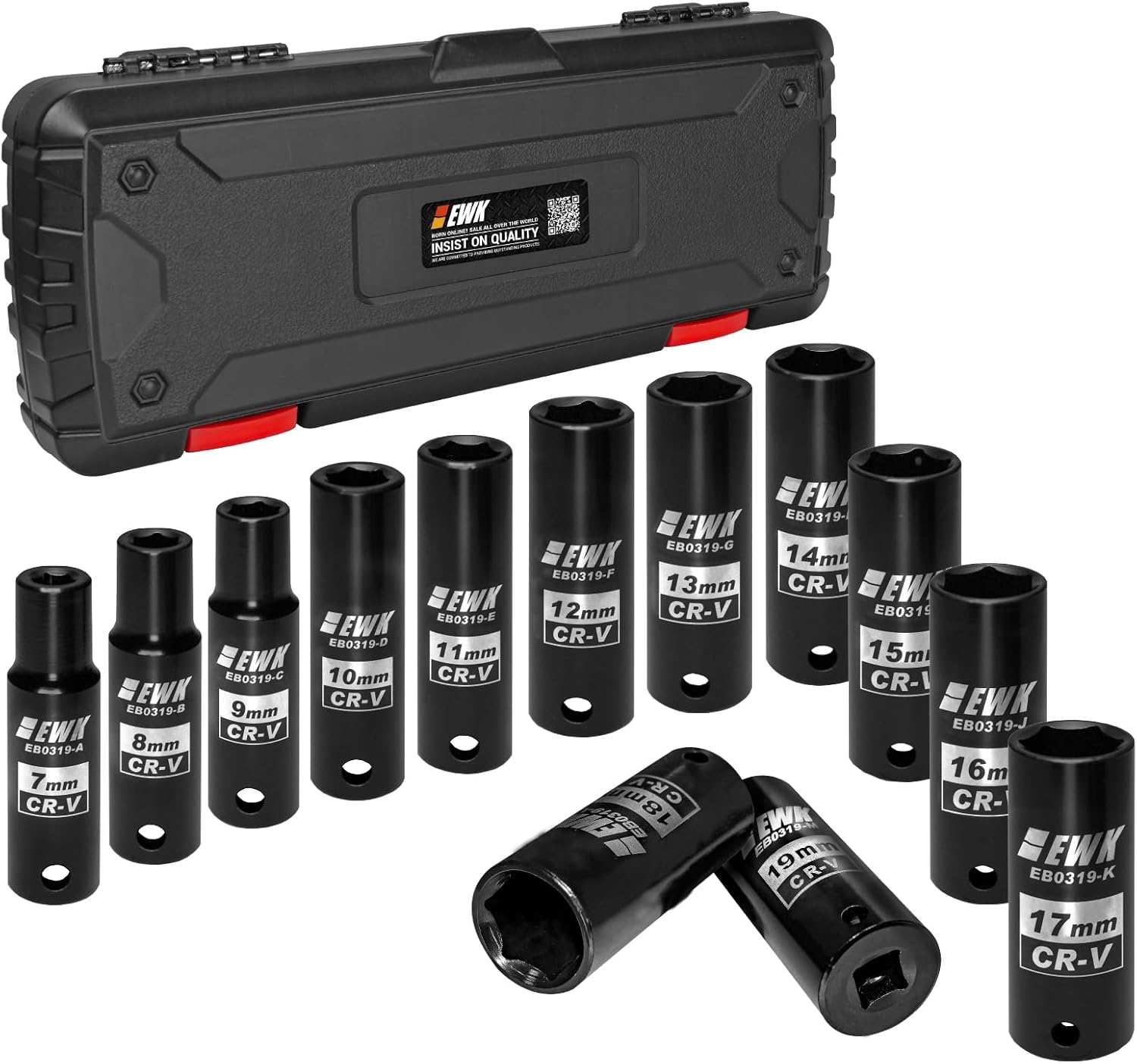 EWK 3/8" Drive Deep Well Impact Socket Set, 13 Pc 6-Point Metric CR-V Sockets No-Skip Sizes 7 – 19 mm for Recessed Nuts and Bolts