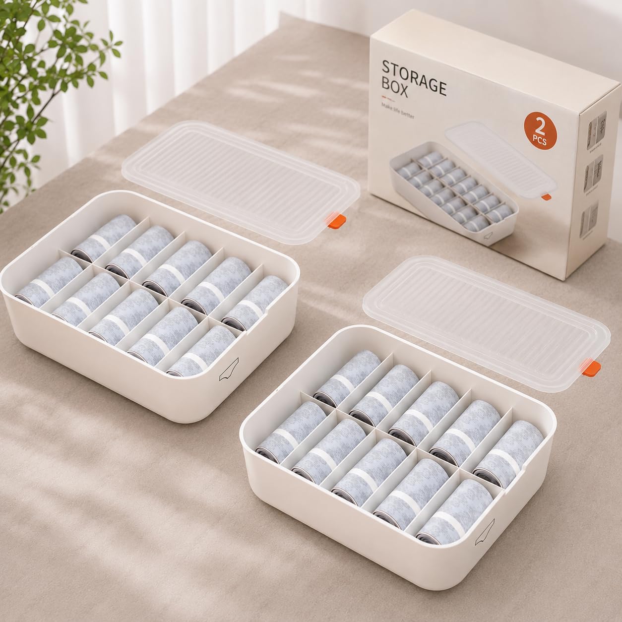 Underwear Storage Box with Lid –10 Compartment Organizer for Socks, Panties, Bras – Plastic Foldable Drawer Box – Multicolor (PCS 2)-image-49