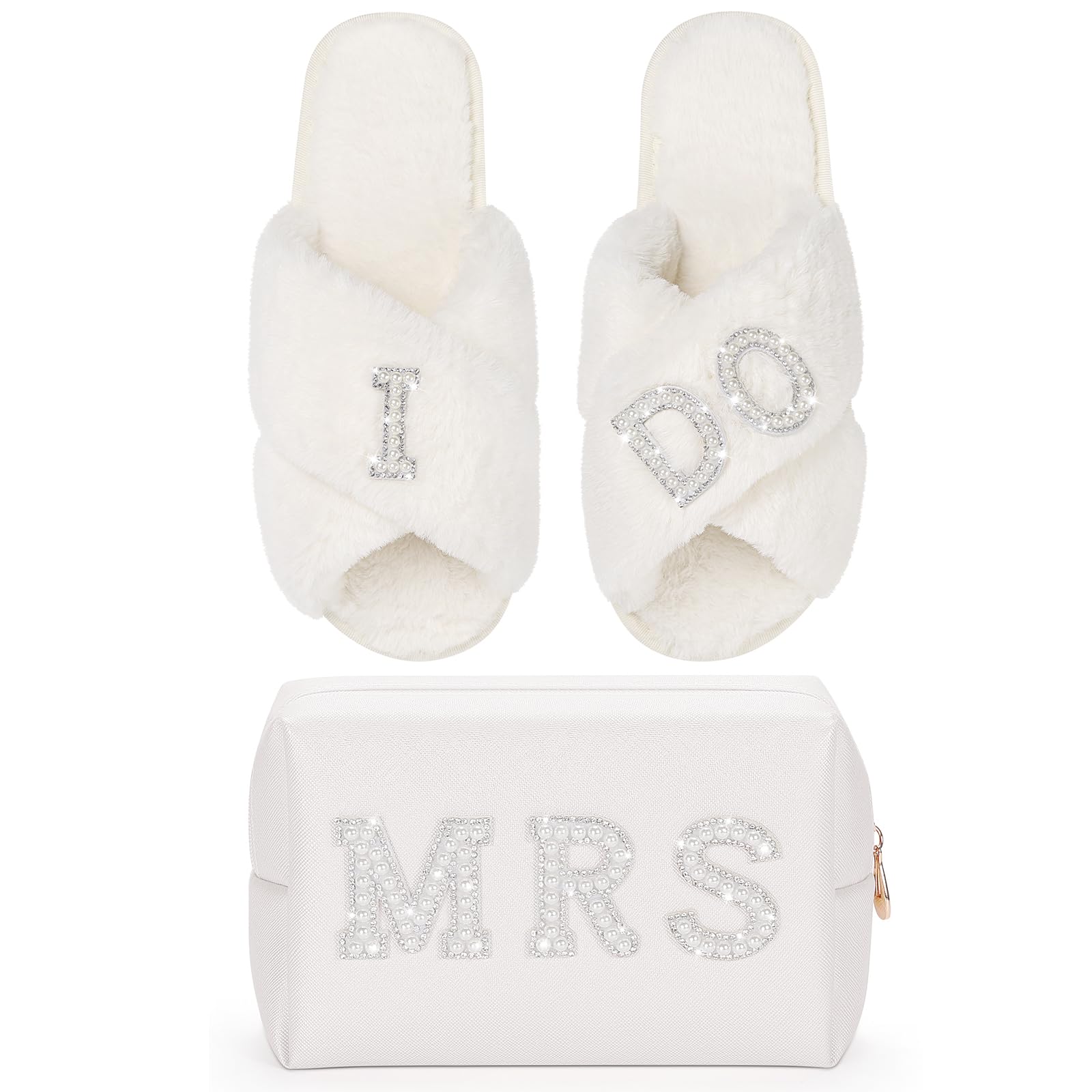 Etercycle Bridal Shower Gifts Set, MRS Cosmetic Bag With I Do Women Slippers, Small Waterproof Makeup Bag With Fuzzy Bride Slippers Wedding Bridesmaid Gifts for Her for Bachelorette Party Accessories