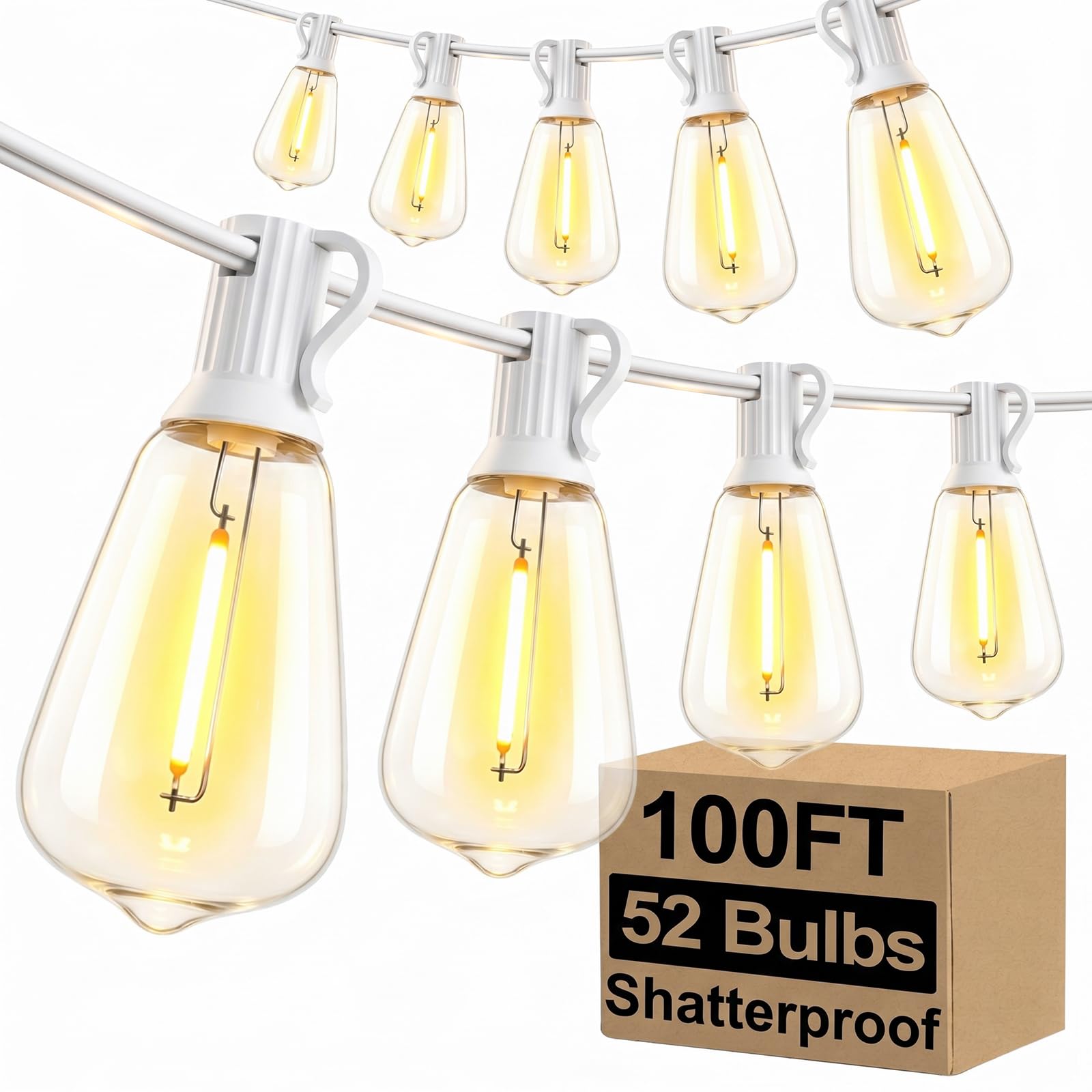 Brightever 100FT Outdoor String Lights 52 Bulbs, Waterproof Patio Lights | 2 Spare ST38 Edison Bulbs Dimmable, Connectable Plug-in LED Outdoor Lighting for Porch, Backyard, Balcony, White Wire