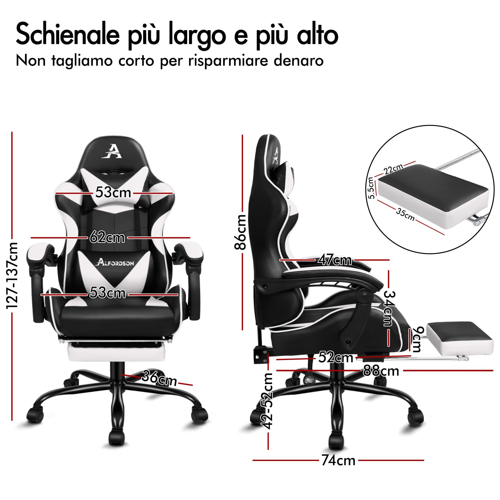 ALFORDSON Sedia Gaming Massaggiante, Sedia Gamer Professionale, Cuscino Lombare & Poggiatesta, Poltrona Ergonomica da Ufficio con Poggiapiedi, Portata 180 kg, Regolabile 90-150°, Similpelle(Bianca) | Poltrona Gamer in Similpelle Serie VOGLER, Schienale re