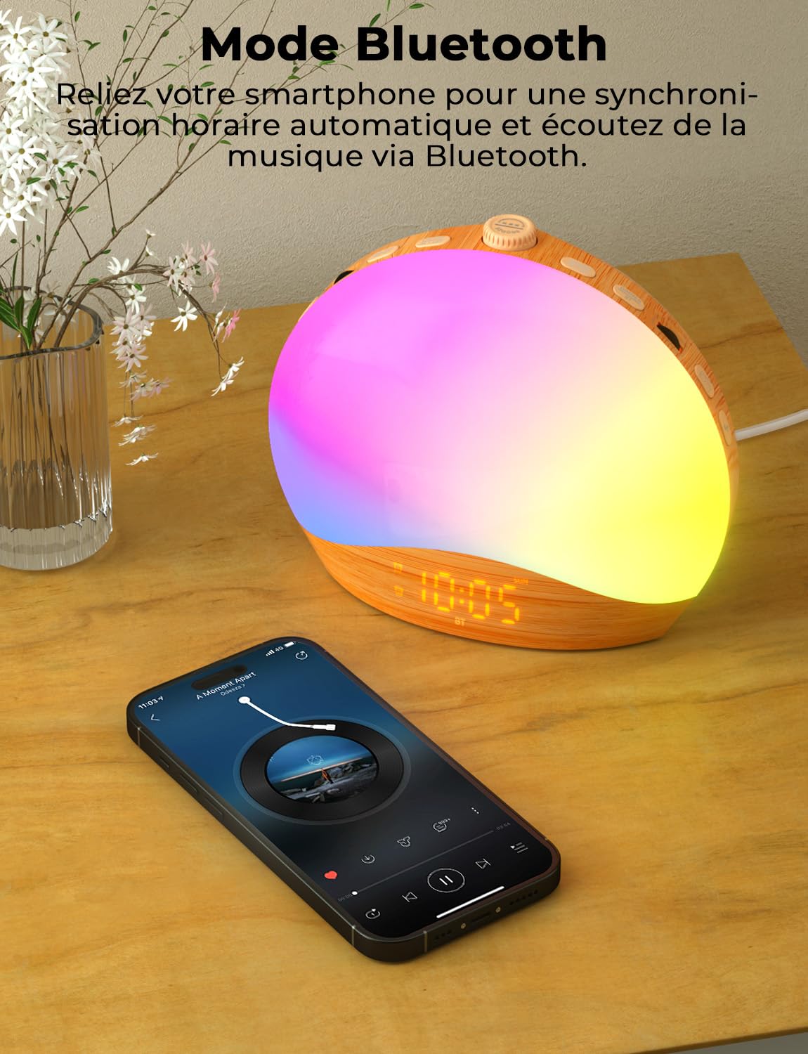 LIORQUE Radio Réveil Lumineux avec Eveil Lumière, Reveil Simulateur d'Aube sur Lampe de Chevet LED, Fonction Bluetooth, 20 Niveaux de Luminosité, 22 Sons, 2 Alarmes, Mode Week-End