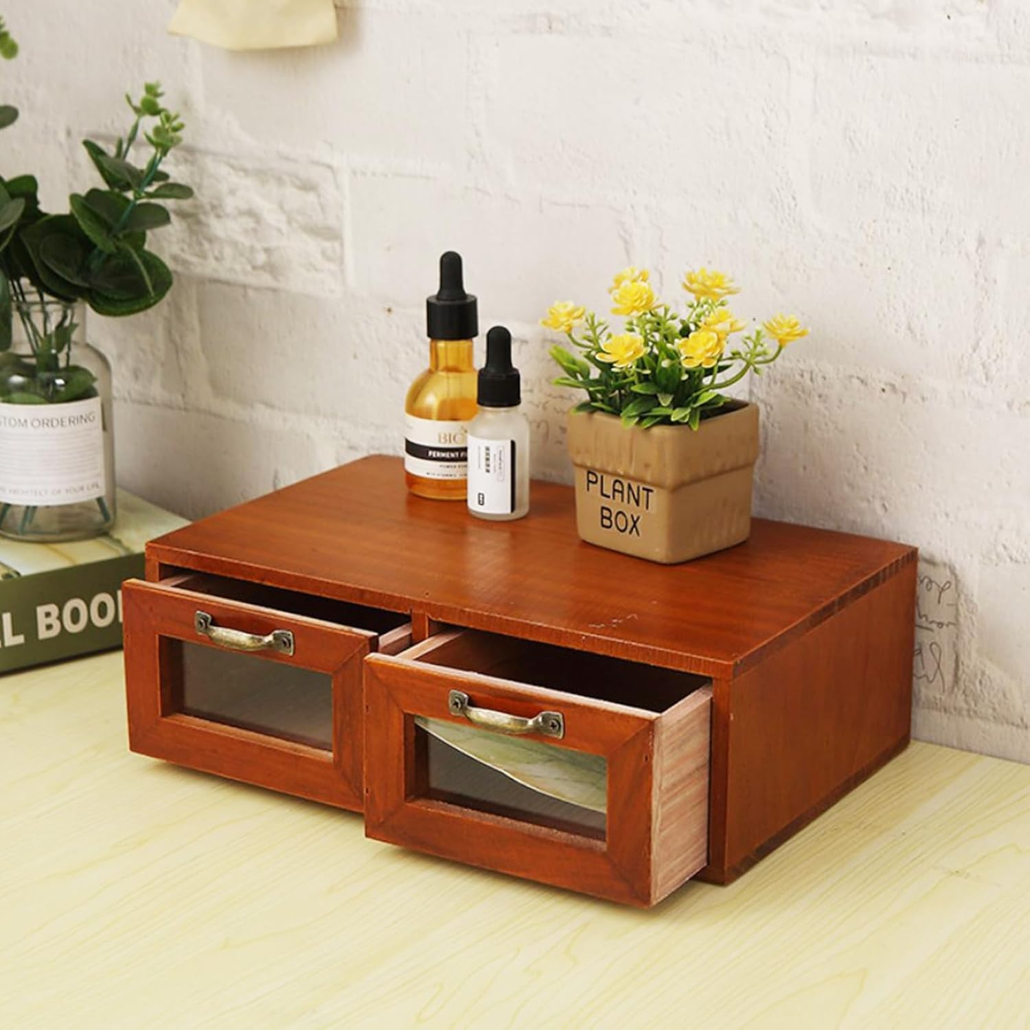 2-Drawer Desk Organizer Tabletop Storage Organization Box with Vintage Metal Label Drawer Pulls Office Supplies Storage & Desk Accessories