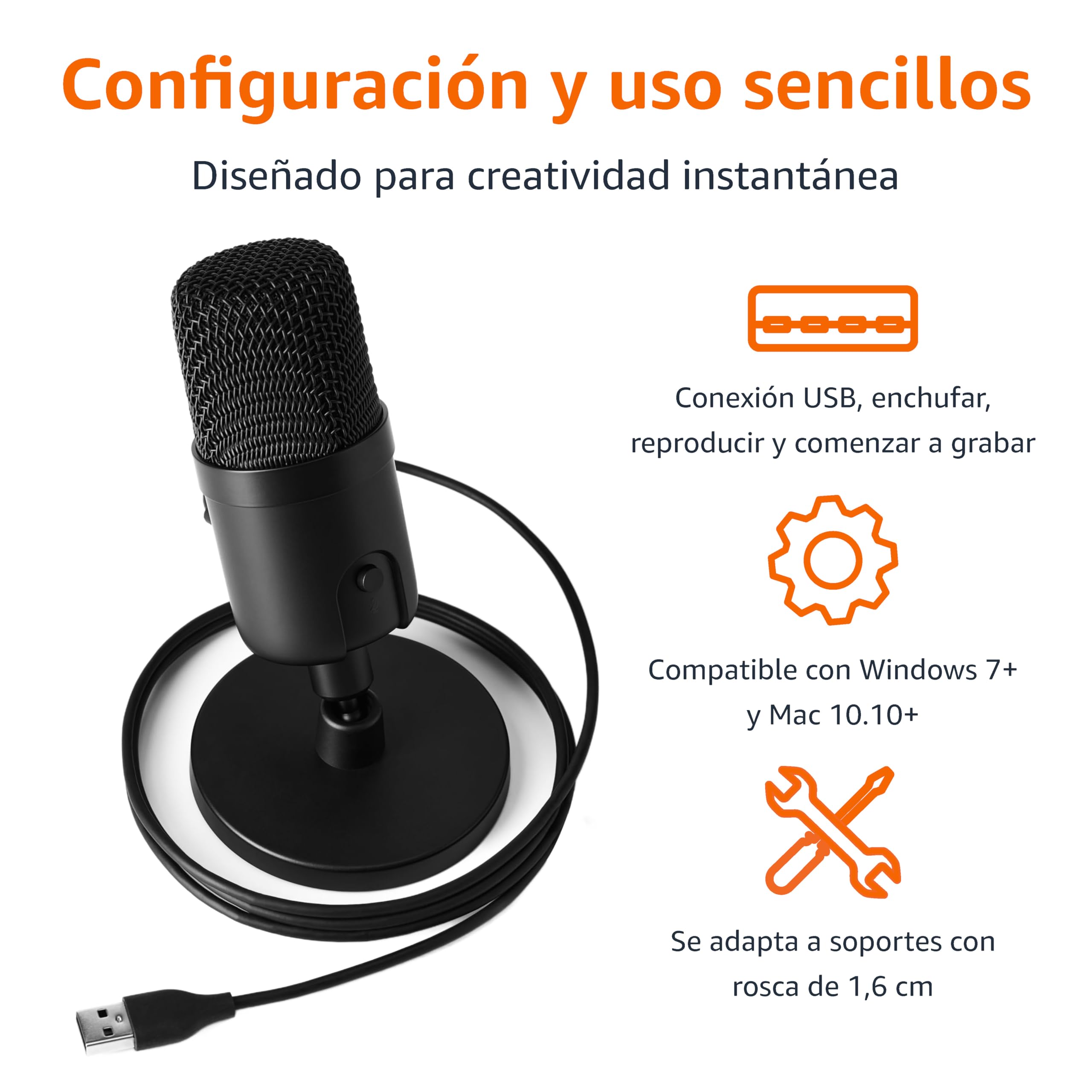 Amazon Basics Micrófono condensador mini-USB para streaming, juegos, podcasts, con patrón cardioide, Black