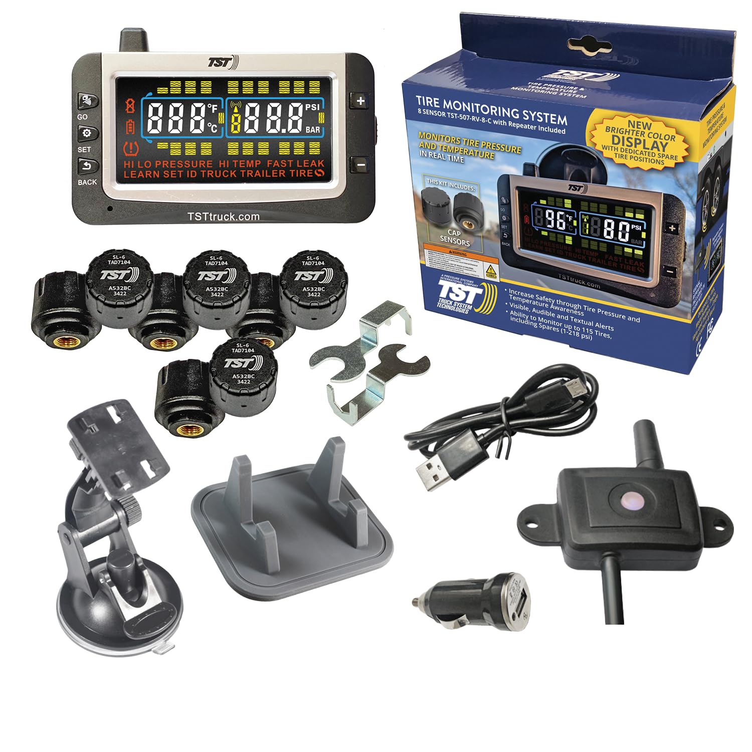 TST 507 Series TPMS - RV Tire Pressure Monitoring System with 8 Cap Sensors &