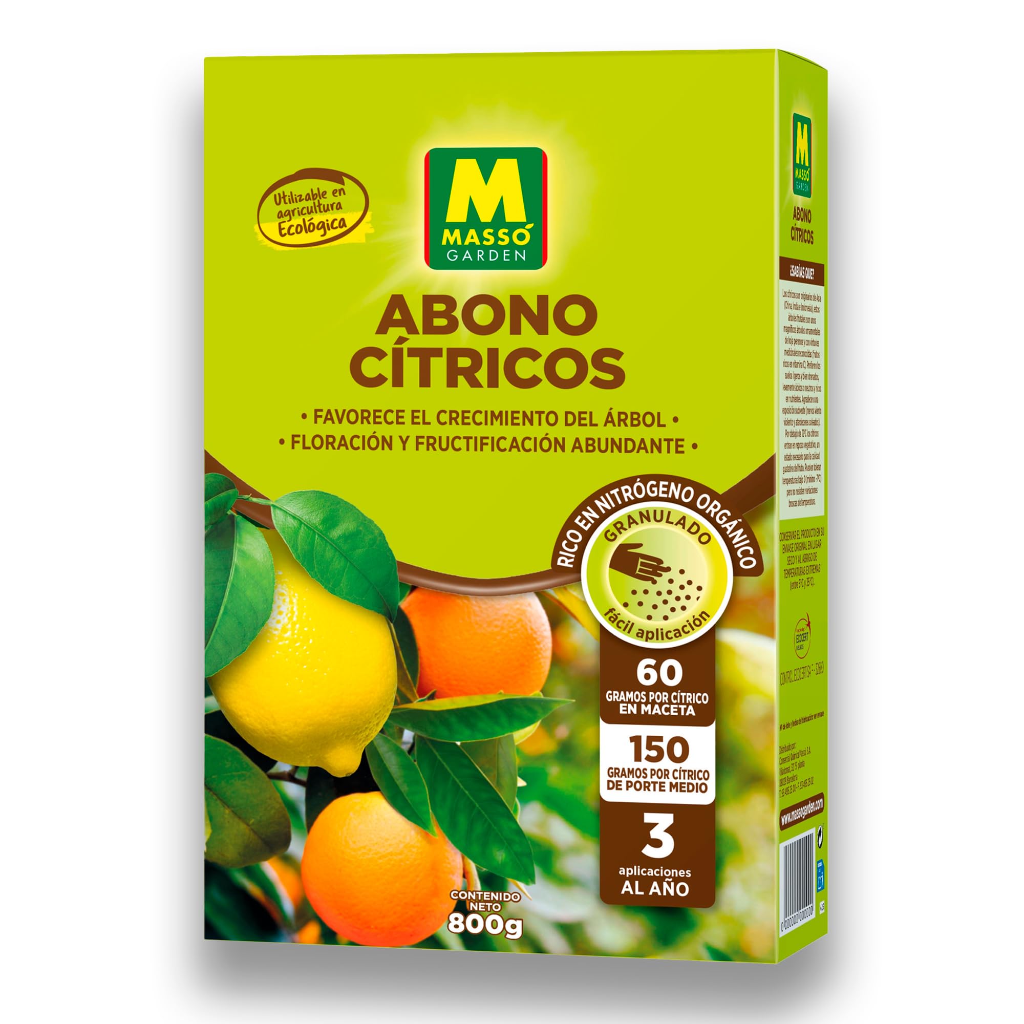 Abono ECOLÓGICO para Cítricos (Limoneros, Mandarinos, Naranjos...) de Gran Efecto Reverdesciente y Capacidad para Mejorar Frutos | Envase 800 GR | Apto Aplicación en Maceta y Suelo | Nexum Market